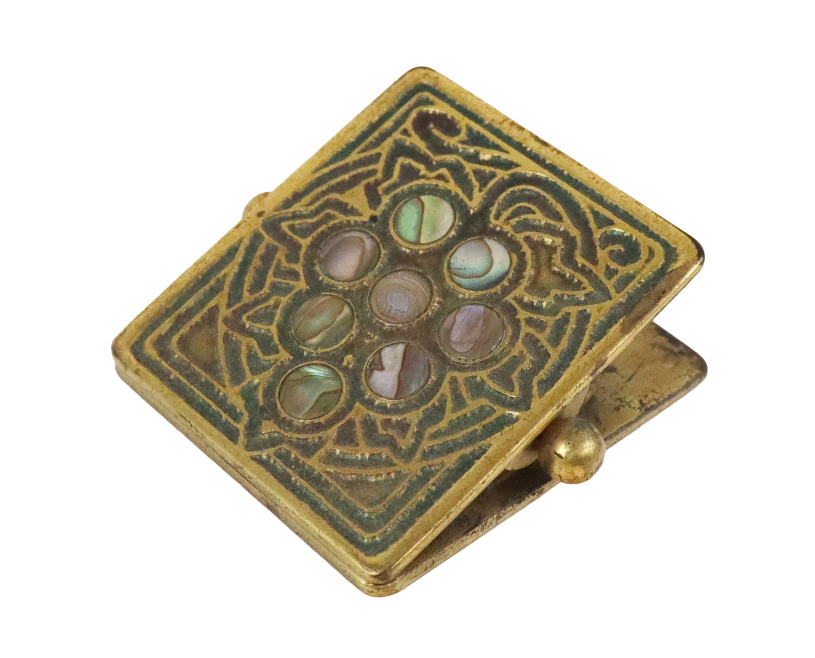Tiffany Studios "Abalone" Bronze & Abalone Clip: Tiffany Studios bronze and abalone paper clip, American, early 20th century, with inset abalone and etched bronze design, marked Tiffany Studios New York, 1165, to reverse. [1" H x 2.5" W x 2.5" D]. C