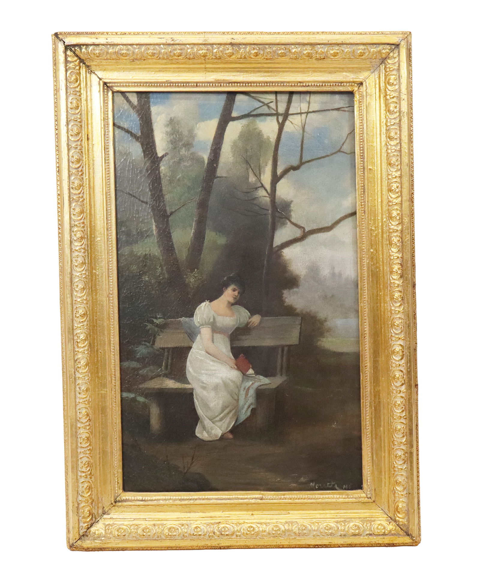 English School Signed Oil on Canvas Landscape: English School signed oil on canvas, a woman in white dress sitting on a bench under trees, by a lake. Signed lower right unknown. 19th century. In gilt frame. [Art 21" x 13", frame 27" x 19"]. Art ha