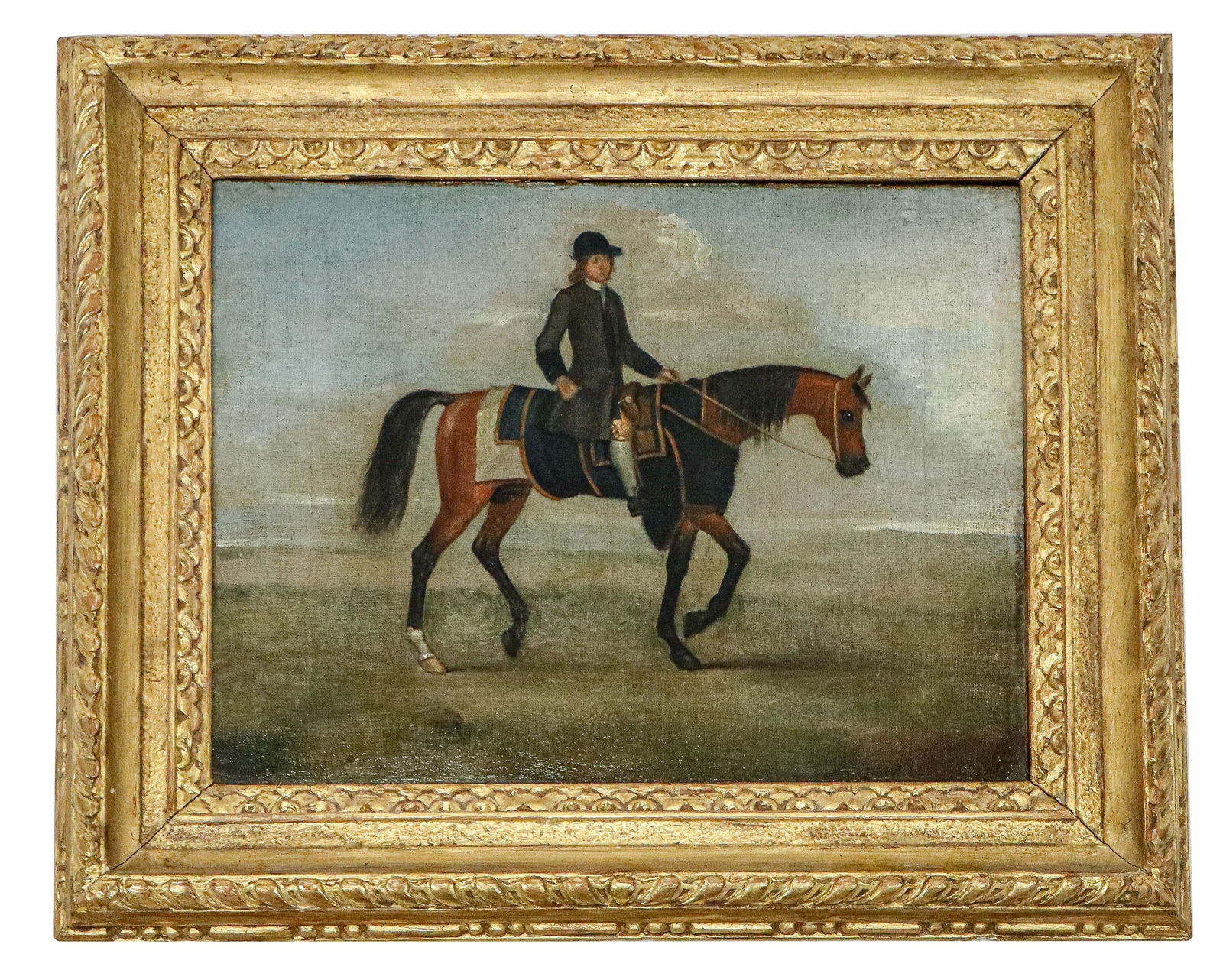 English School Oil on Canvas - Equestrian: English School Oil on canvas, Portrait of a Man on horseback, English saddle, with horse in blanket wrap. Late 19th / Early 20th Century. Ex Christies sale 6, Dec, 1996, Lot 3. [Art 10.5" x 13", frame