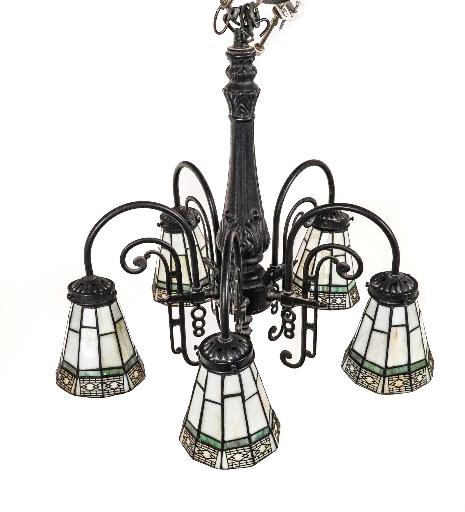 Arts and Crafts Slag Glass Chandelier: Arts and Crafts style slag glass five-light chandelier, with a metal frame and decorative arms, unmarked. [18" H x 20" Diameter]. Condition is good; one screw lost.