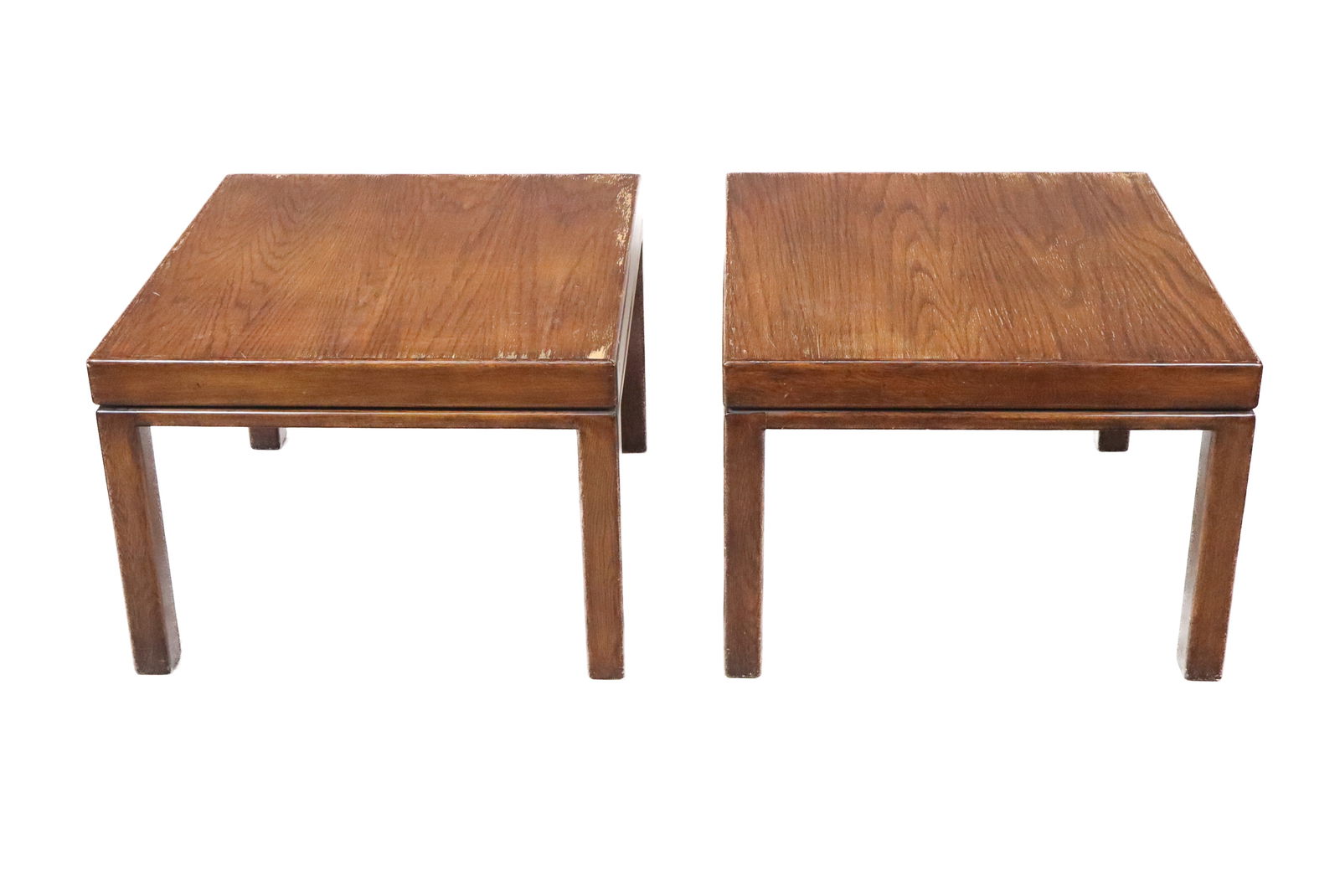 Pair of Modern Oak Large Lamp Tables: Pair of modern oak large lamp tables, with straight legs and a raised top. [23" H x 32" Square]. Need refinishing.