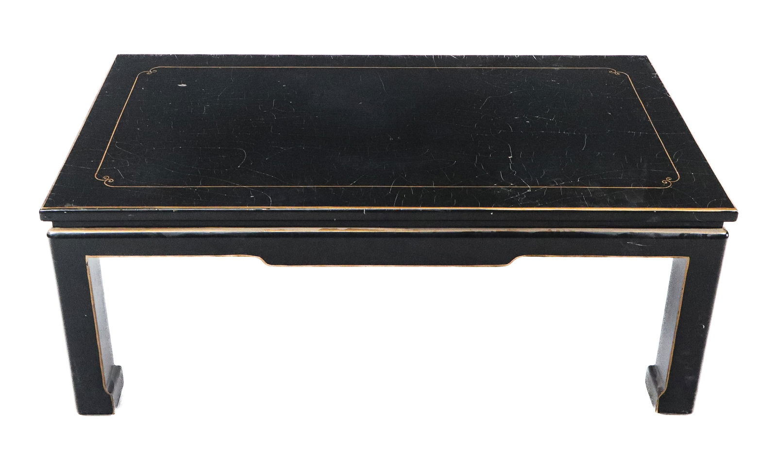Chinese Lacquered Coffee Table: Chinese lacquered coffee table, with gilt trim on black paint, curled leg feet. [17" H x 22" x 42"]. Crackling to paint on top.