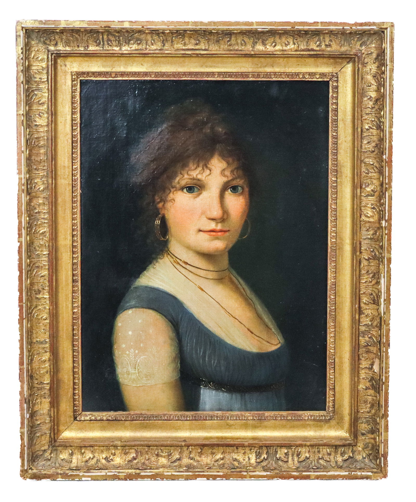 English School Oil on Canvas - Portrait: English school oil on canvas, Bust portrait of a woman with jewelry in a blue and white lace dress. 18th / 19th century style and period. Unsigned. Relined. [Art 17" x 12", frame 23" x 18.5"]. Appears