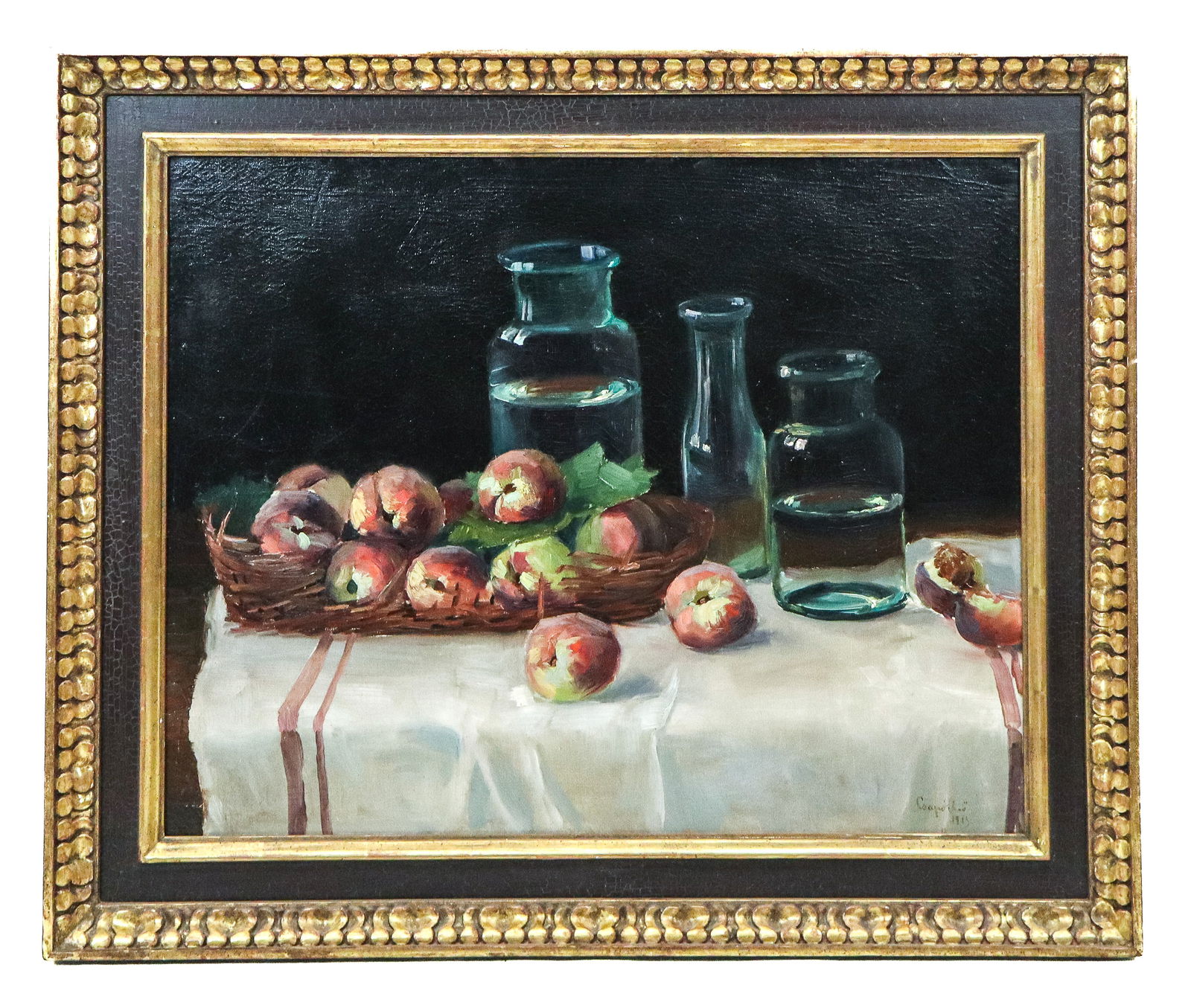 Italian School Signed Still Life Oil on Canvas: Italian school, oil on canvas of a table still life with peaches and carafes on white tablecloth, signed lower right illegible, dated 1913, in gilt carved and painted frame. [Art 21" H x 26" W; Frame:
