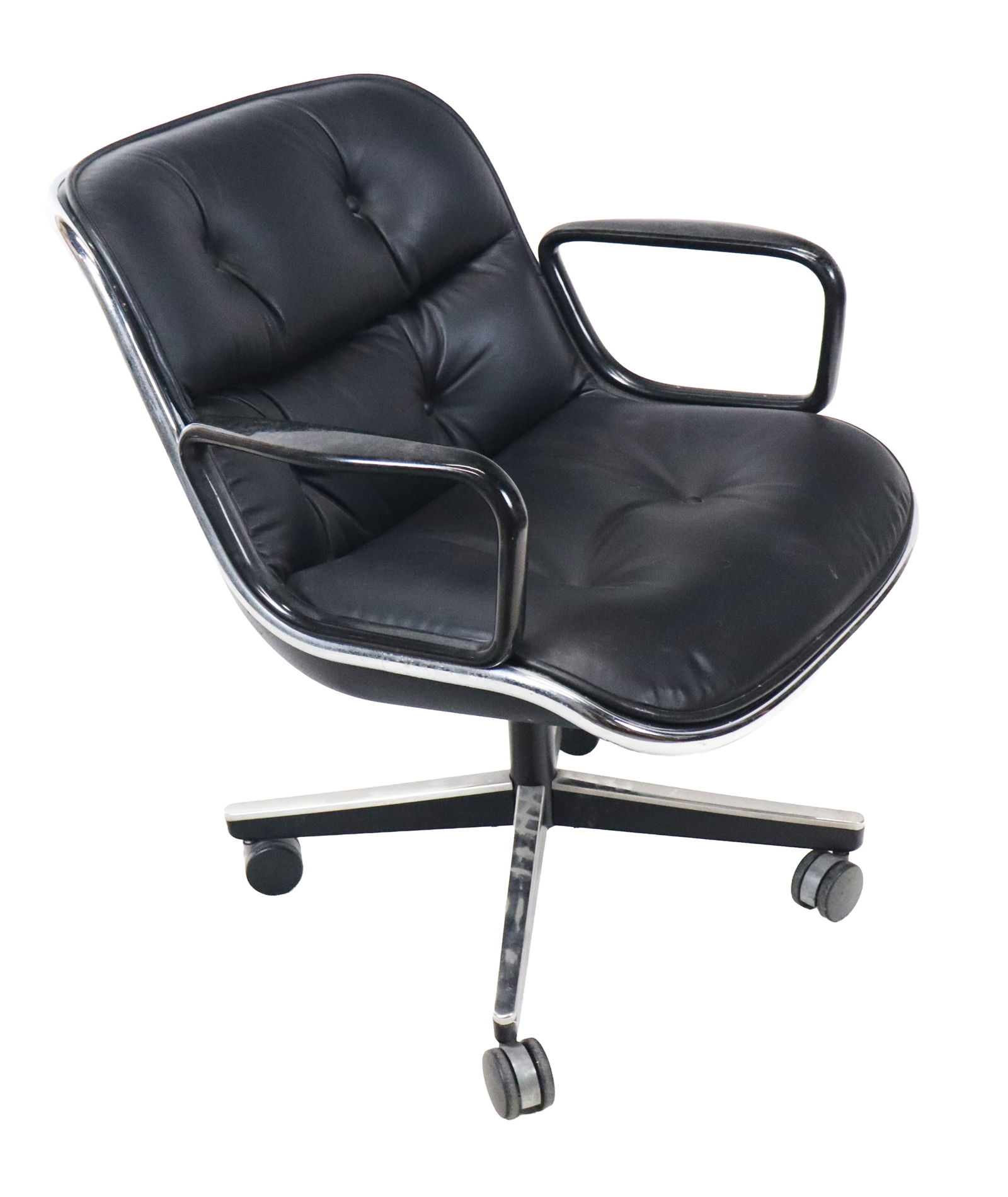 Charles Pollock for Knoll Black Office Chair: Charles Pollock for Knoll black leather and chrome office chair, with marbleized painted arms, on wheels, circa 1985. [31" H x 26" W x 28" D]. Very good overall condition.