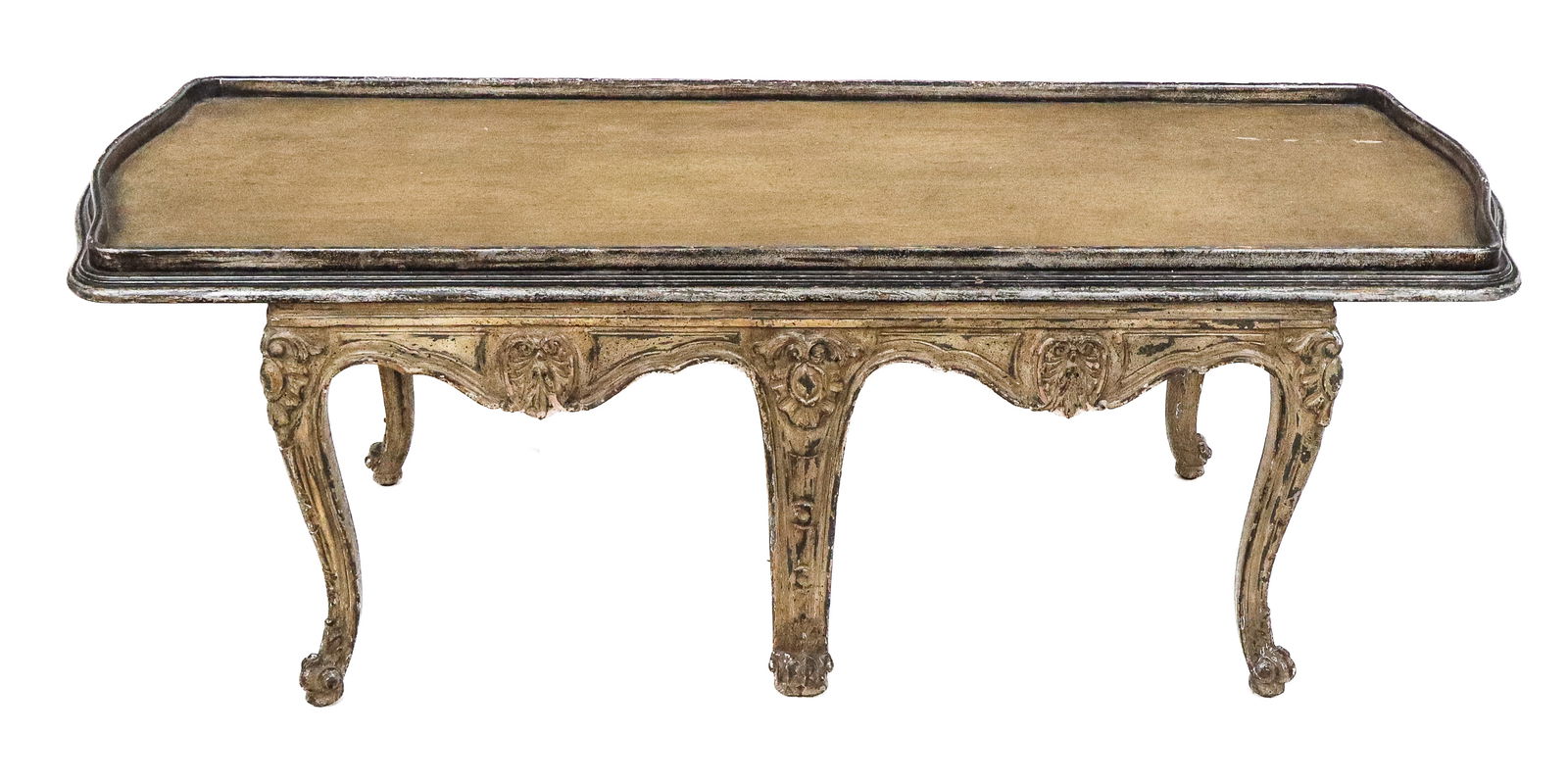 Louis XV Carved Bench: Louis XV carved bench, 19th century, with a lip to upper and six cabriole legs. [18" H x 46" W x 16" D]. Condition is good with some surface wear.