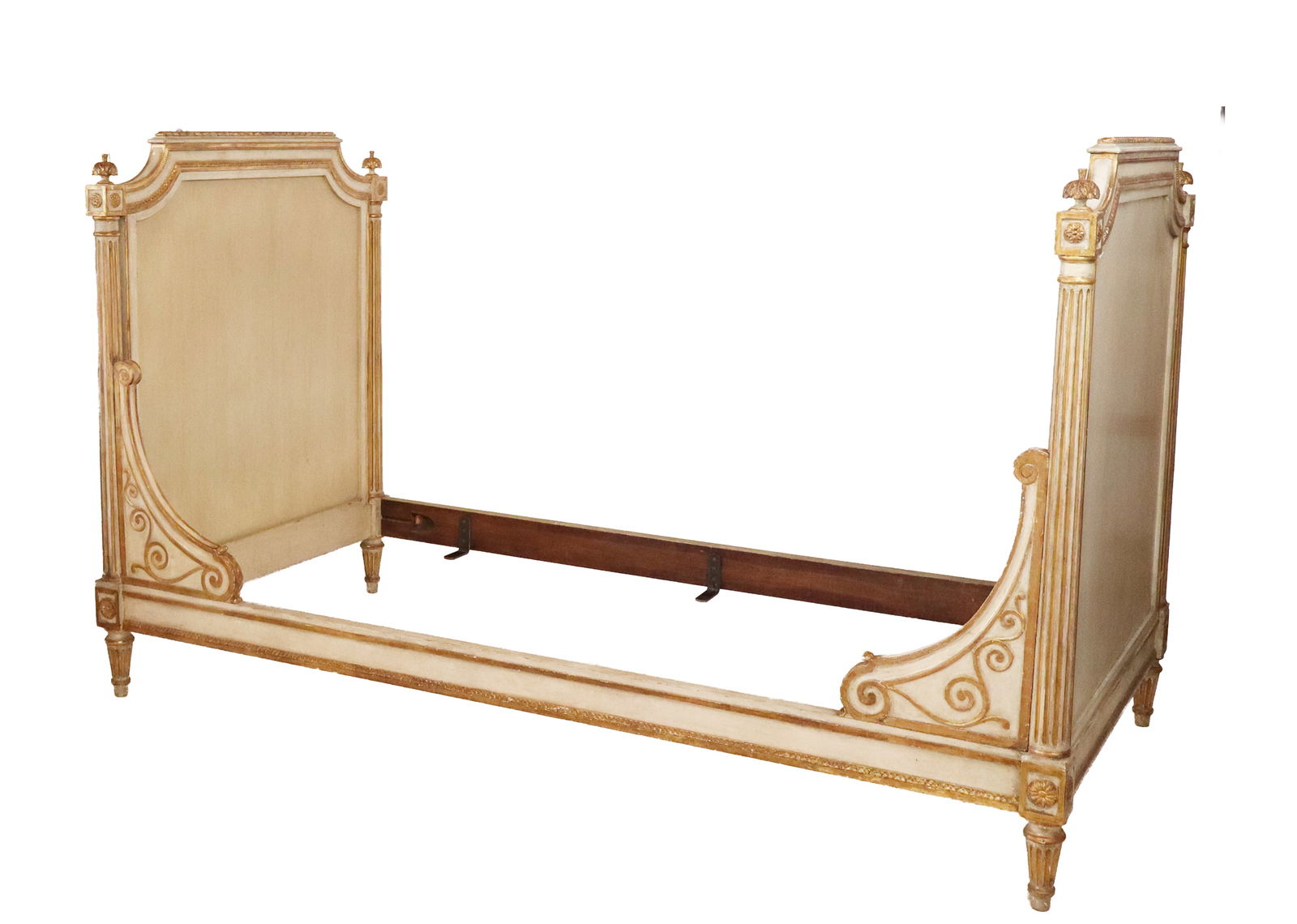Louis XVI Carved and Gilt Daybed: Louis XVI carved and gilt daybed, 19th century, with gadrooned and rosette decoration, and a decorated rail to one side; fits approximately a twin bed. [50" H x 42" W x 83" D]. Condition is good; slat