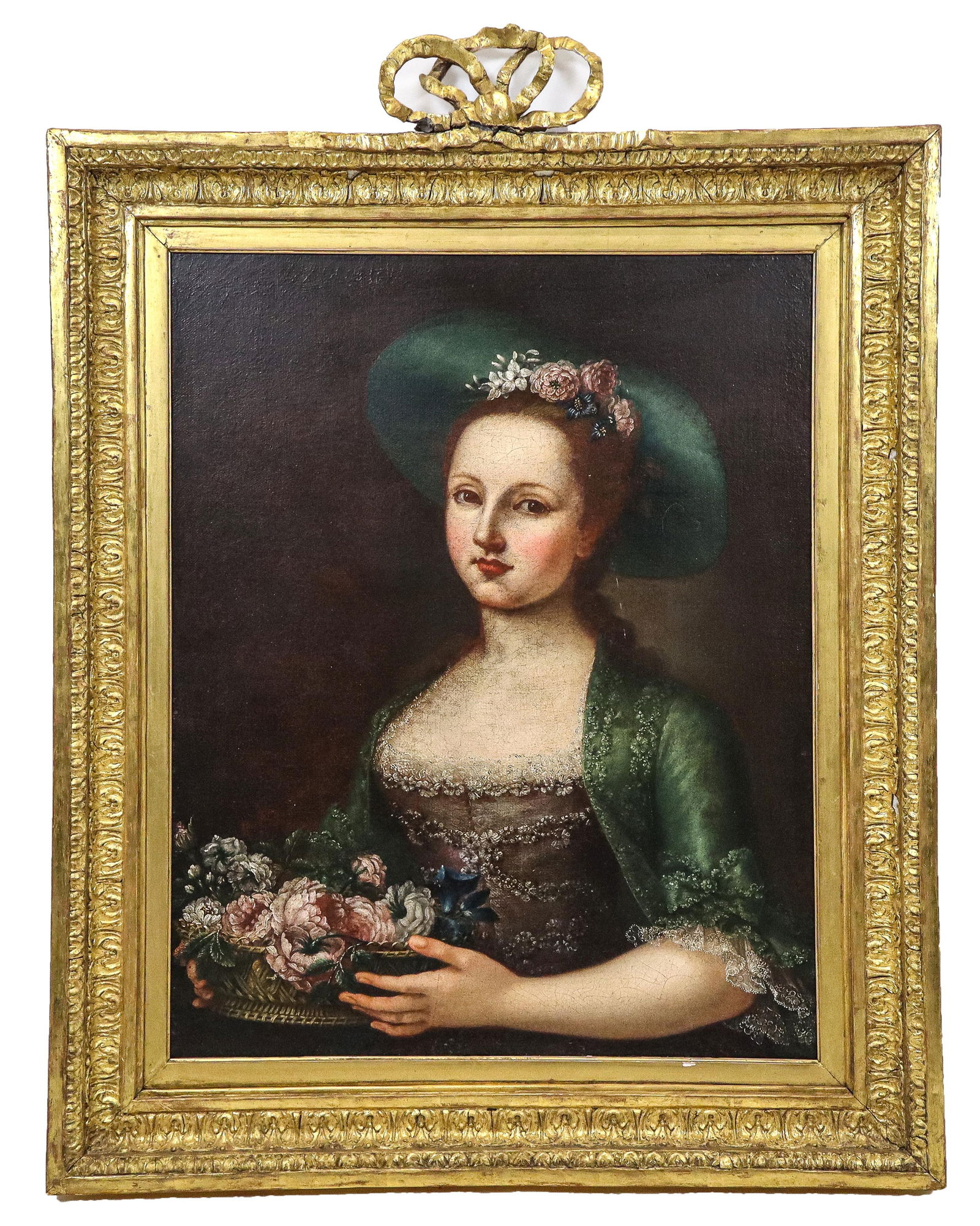 English School Oil on Canvas Portrait: English school, oil on canvas, portrait of a young woman in green with hat and basket of flowers. 18th Century, unsigned. [Art 24.5" x 20", frame (with ribbon) 35" x 27"]. Art has been restored, and r