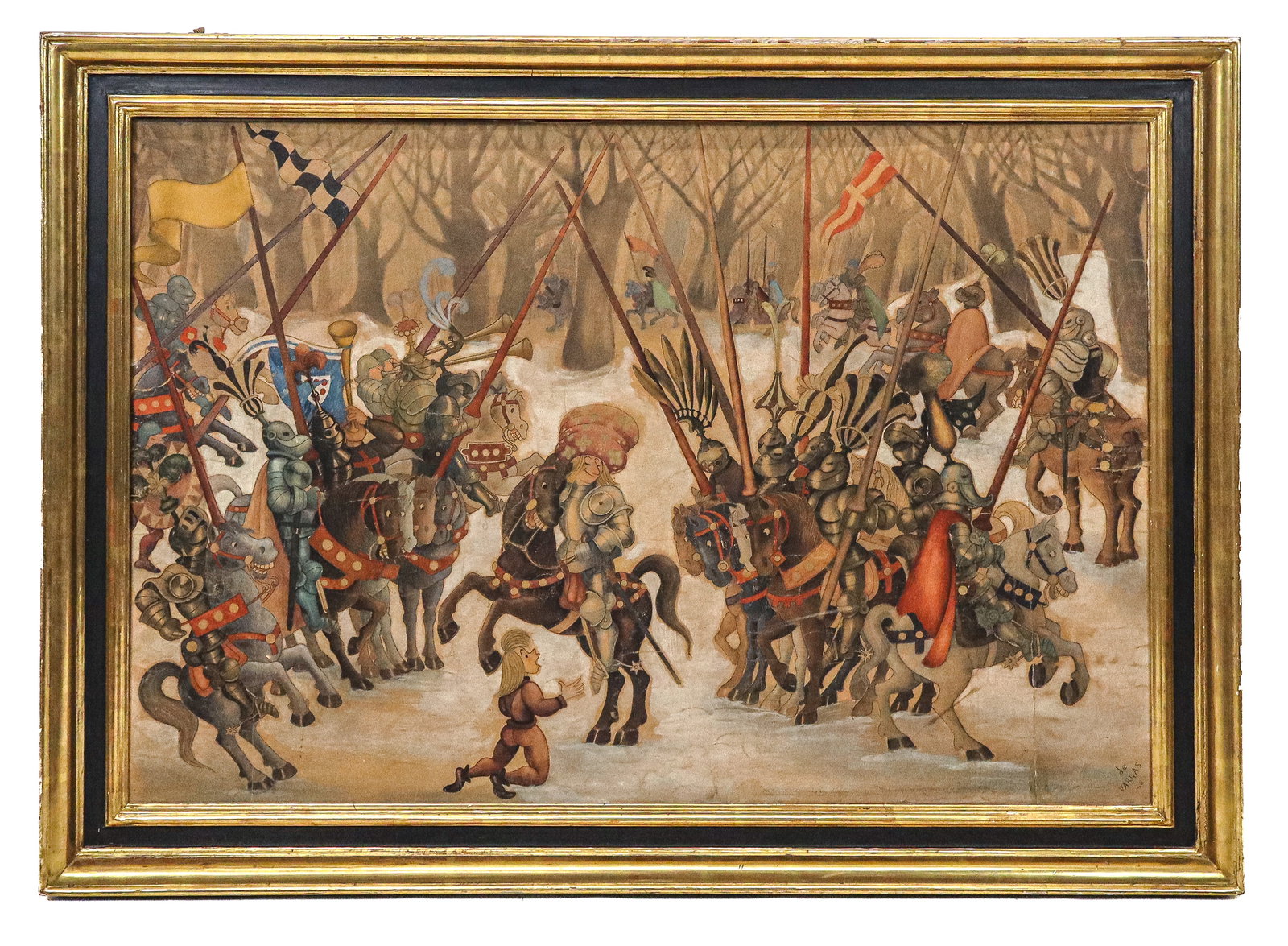 Illustration Art Signed Watercolor - Battle Scene: Illustration art, watercolor on paper mounted on artists board, Young man pleading to the leader of the army in armor, on horseback. Signed lower right "de Vargas, 56". [Art 24" x 36.5", frame 31" x 4