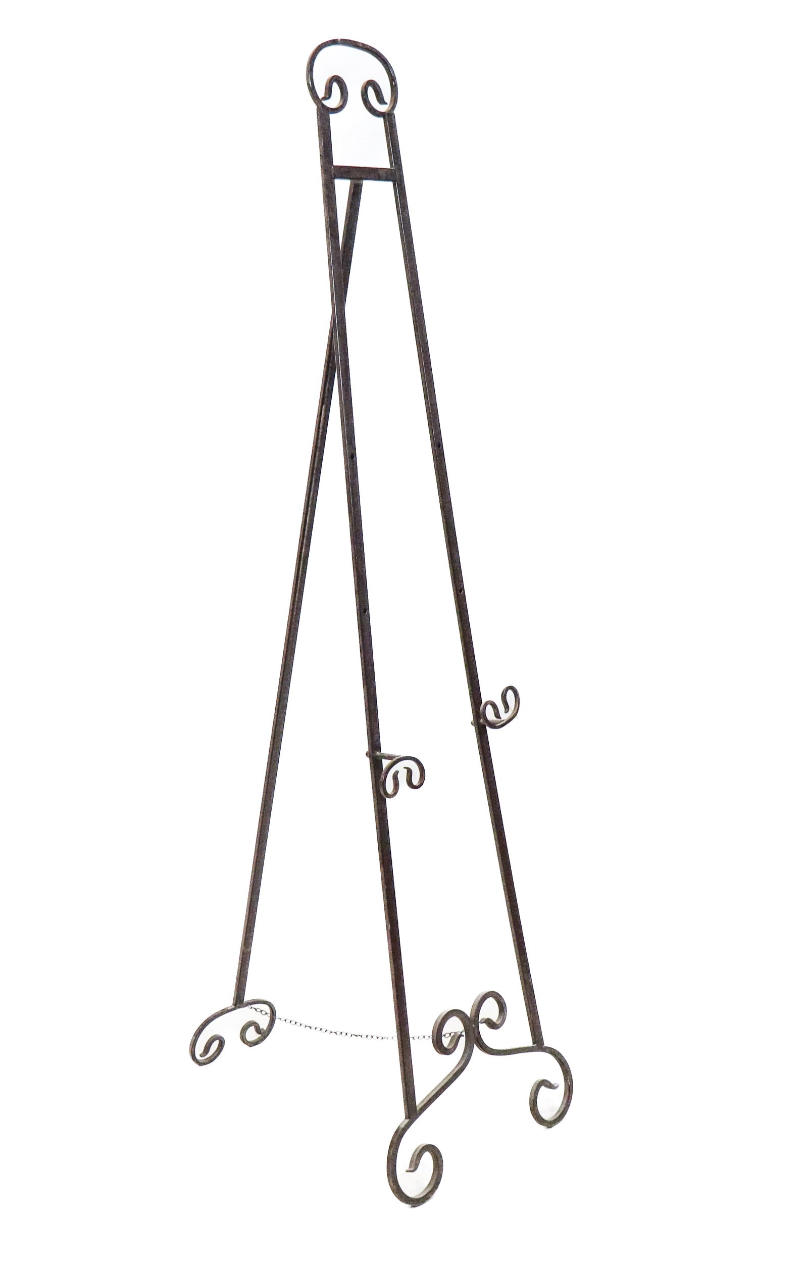 Modern Wrought Iron Painting Easel: Modern wrought iron painting easel, with wrought top and feet and adjustable holders. [68" H x 18" W x 24" D]. Good and sturdy.