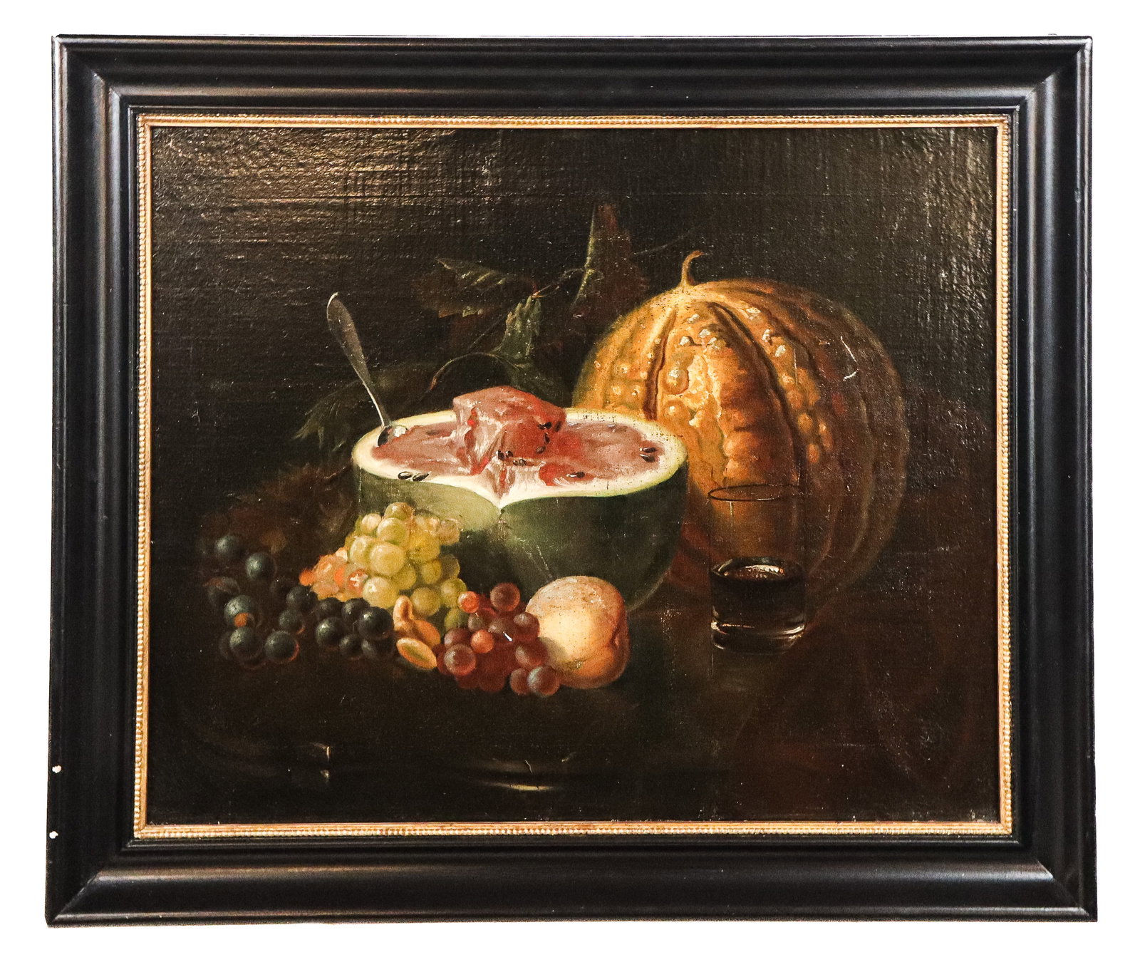 Oil on Canvas Still Life with Fruit: Oil on canvas still life with fruit, 19th century, and melons, and a glass, unsigned. [Framed: 23.5" H x 27" W]. Condition is good with some fading, two scuffs to upper right, and paint residue to low