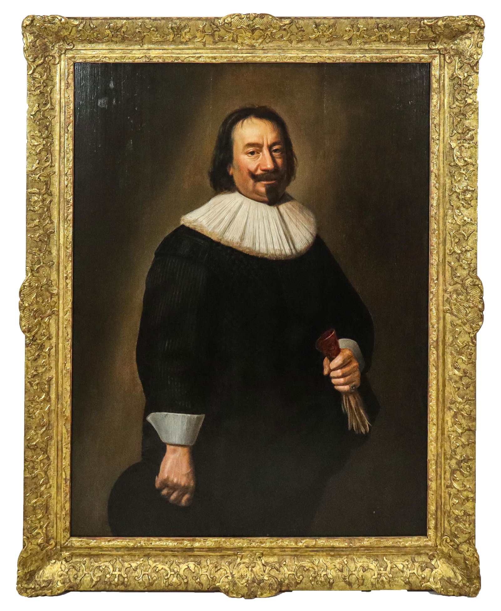 School of Frans Hals, Portrait Oil on Wood Panel: Old Master school of Frans Hals, portrait oil on panel, Portrait of a Burgomeister, with beard and large white ruff and white cuffs, holding gloves. Very fine carved and gesso gilt frame. 18th Century