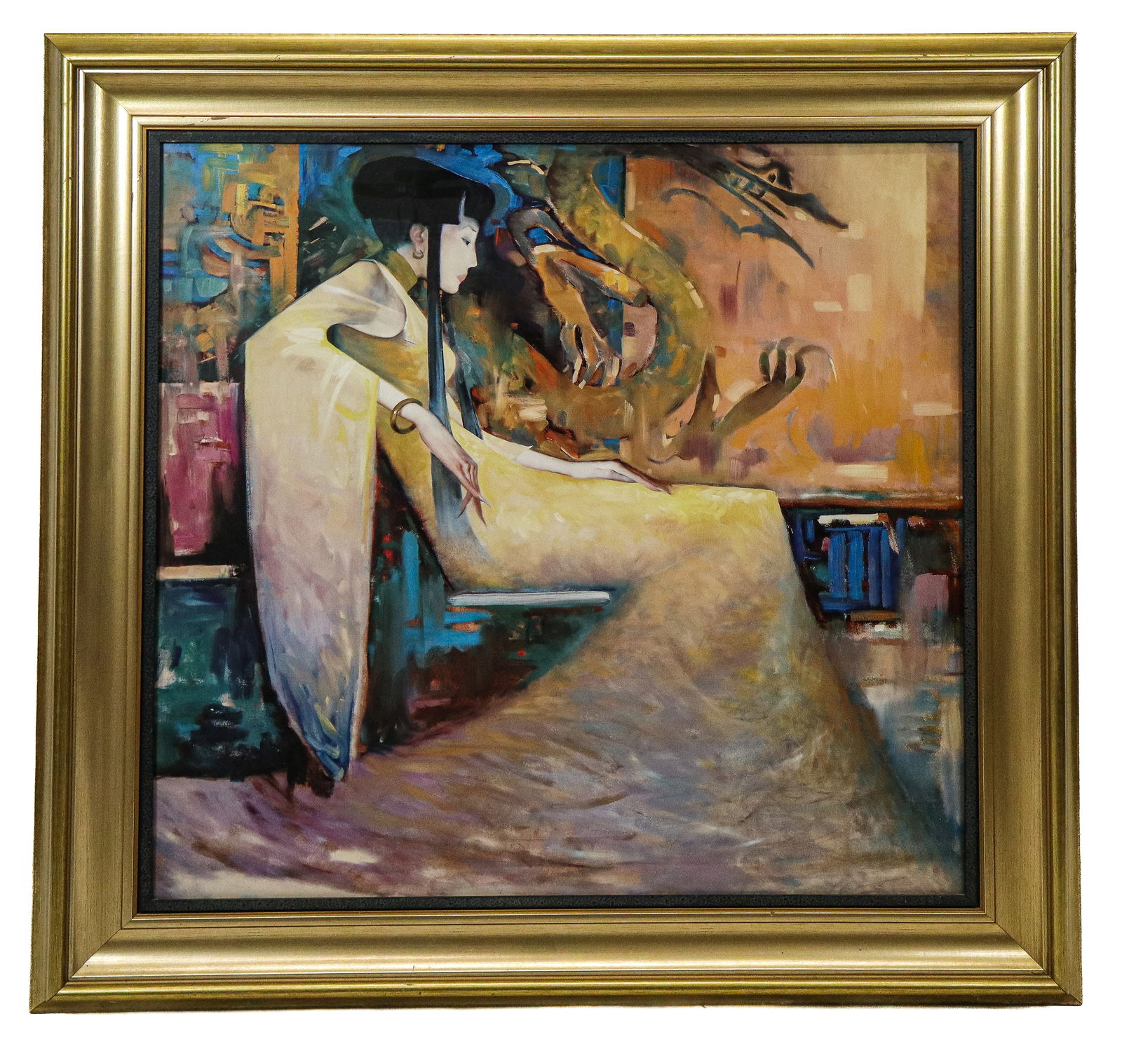 Large Framed Print of a "Dragon Maiden": Large framed reproduction color print of a "Dragon Maiden", title on back. [Art 33" square, frame 44" Square]. Fine condition, small dings on frame.