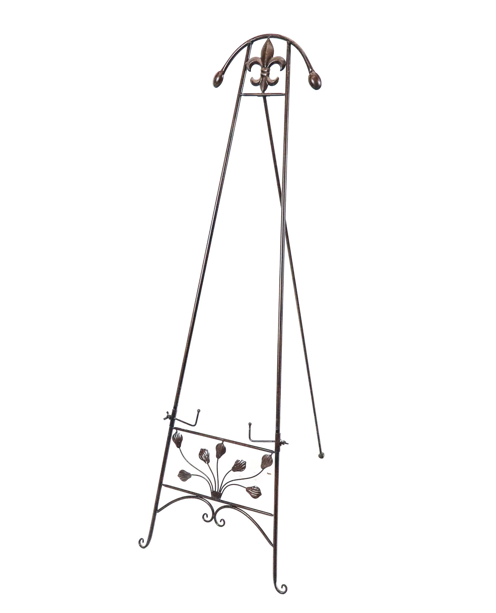 Modern Metal Painting Easel: Modern metal painting easel with fleur de lys and floral designs, patinated light metal. [59" H x 19" W x 32" D]. Good condition