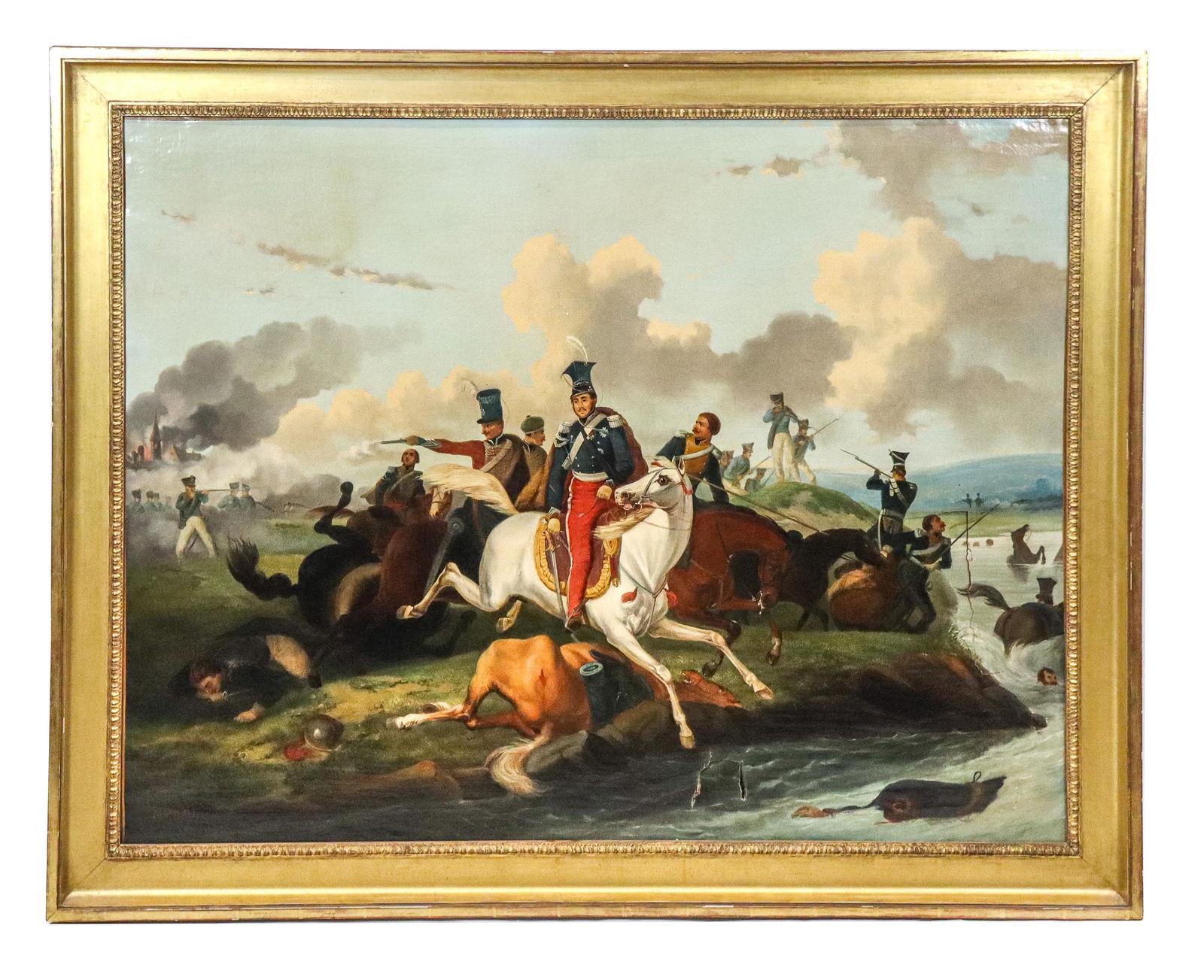 Follower of January Suchodolski Military Scene O/C: Follower of January Suchodolski, (Poland, 1797-1875) "Death of Prince Jozef Poniatowski", with men on horseback in battle, appearing to be surrounded by the enemy. Signed lower left illegibly, dated '