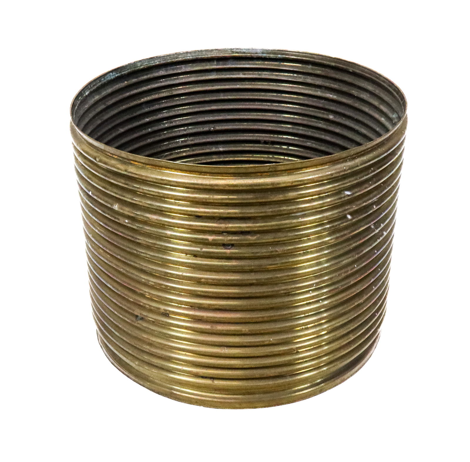 Modern Brass Drum Base: Modern brass drum base, horizontal reeded body, as a coffee table base. [16" H x 20" diameter]. Needs cleaning, small dents about.