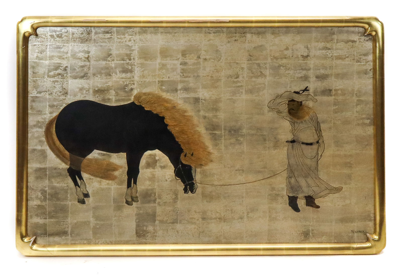 Modern Chinese Painting on Board: Modern Chinese painting on board, "Northern Wind", man in a robe leading a horse with the wind at their backs, signed lower right and dated '92. De Rempich Fine Art NYC label on back, in gilt sculpted