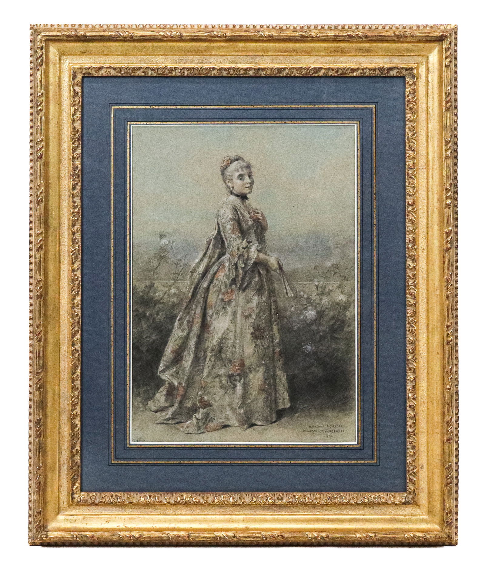French School Signed Drawing of a Woman: French school pencil and colored pencil drawing of a woman, 19th century, the woman in fancy floral dress with fan, standing in portrait pose by flowers. Notated lower right "A. Madame. A. Darcel, Hom