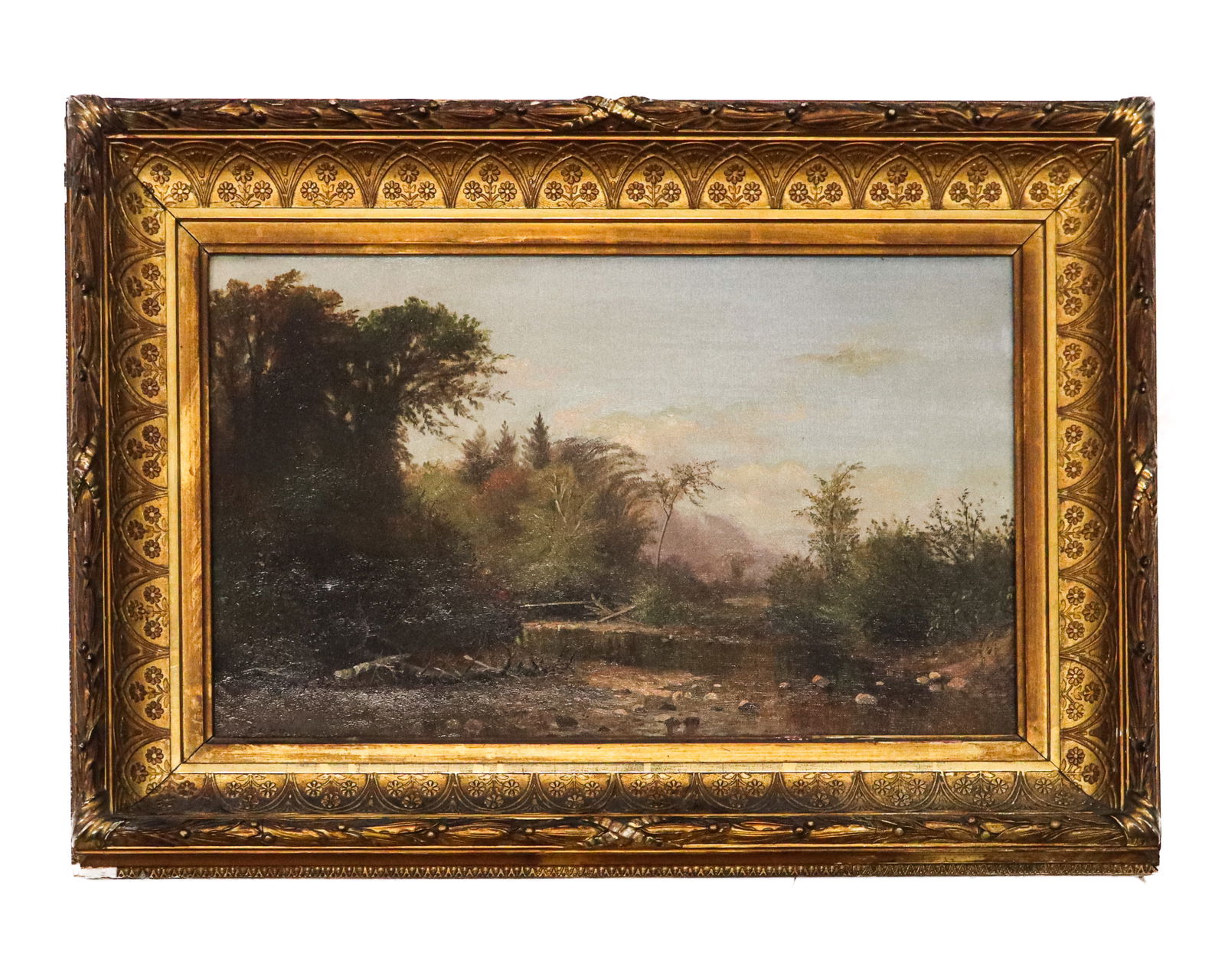 G. D. HUNT Oil on Canvas Landscape: Signed G. D. HUNT (British, 19th century), oil on canvas of a landscape of a stream through a forest will mountains in distance. Signed lower left. Nice gilt frame. [Art 10" x 17", frame 16" x 23"]. F