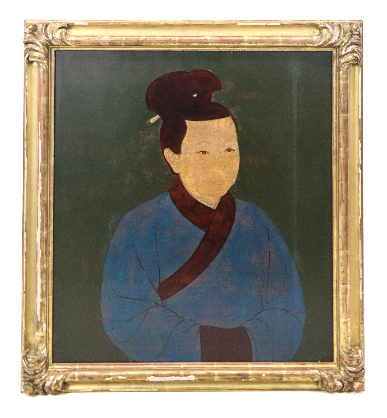 Signed Chinese Oil On Wood Portrait: Signed Chinese oil on wood, portrait to Empress Tai Tsung, in blue robe with red trim and green background. Signed lower right illegible. [Art 29.5" x 25", frame 35.5" x 31"]. Frame has many chips and
