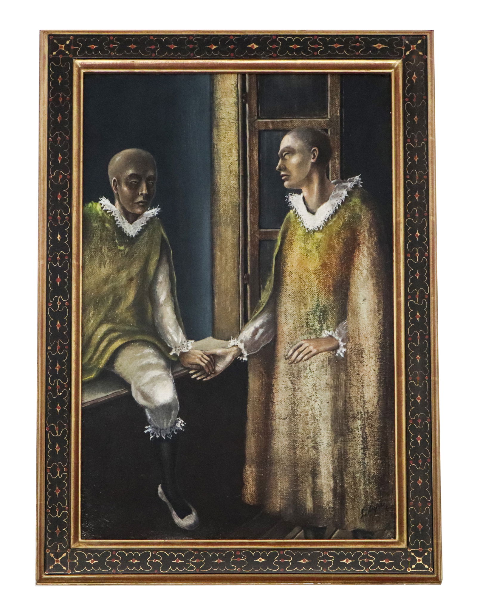 Stanislao LEPRI Oil on Canvas Board: Stanislao LEPRI (Italian 1905 - 1980). "C Anna L. Pecci-Blunt, No 118". Oil depicting 2 figures in robes with lace collars, by an open window. Signed lower right, dated '49, in painted and gilt frame,