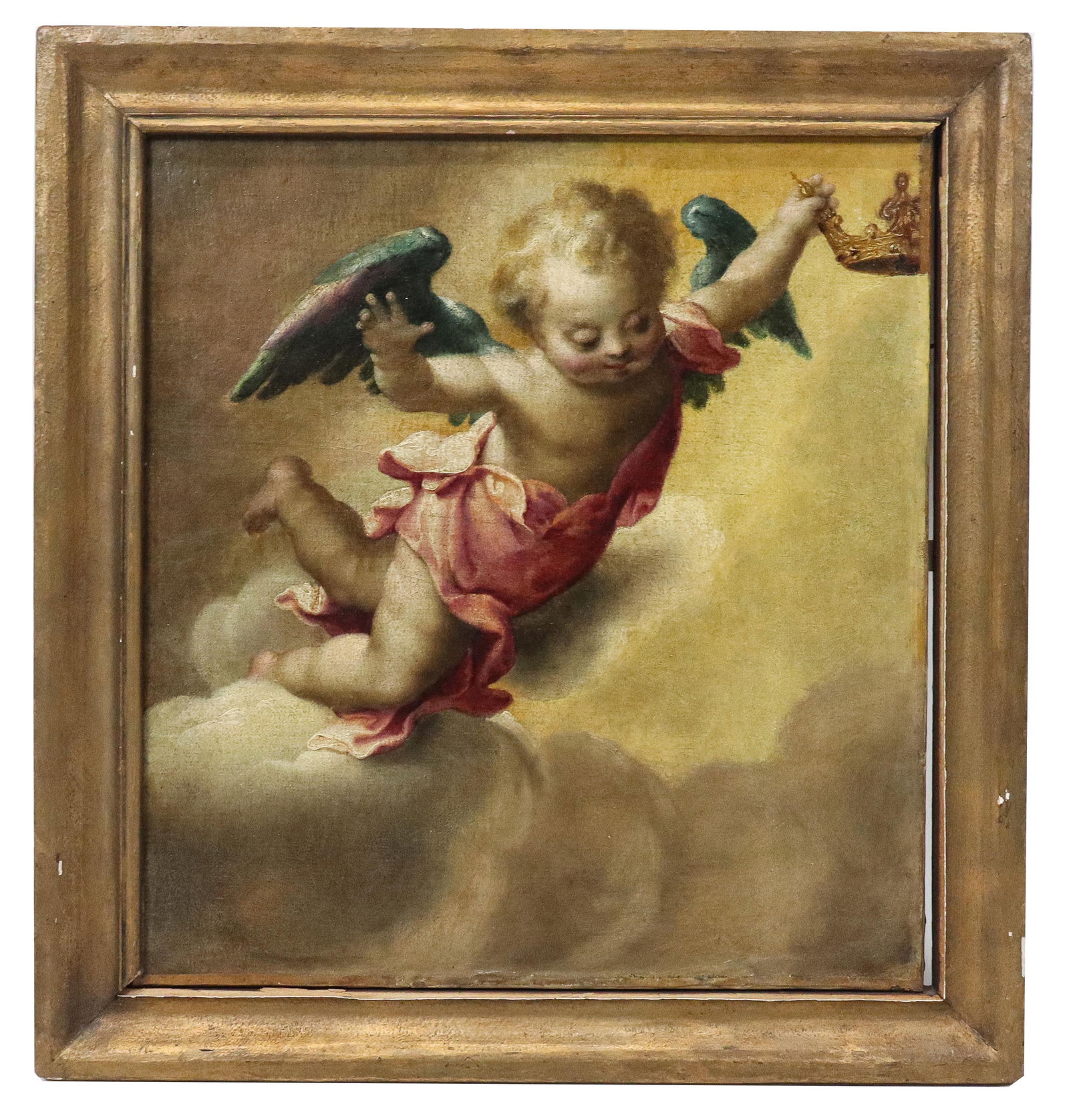 19th Century Oil on Canvas of an Angel: 19th Century oil on canvas of an angel in flight, with a crown and red robe, in clouds. Unsigned. [Art 16" x 15", frame 20" x 19"]. Likely cut from larger painting, water damage to back