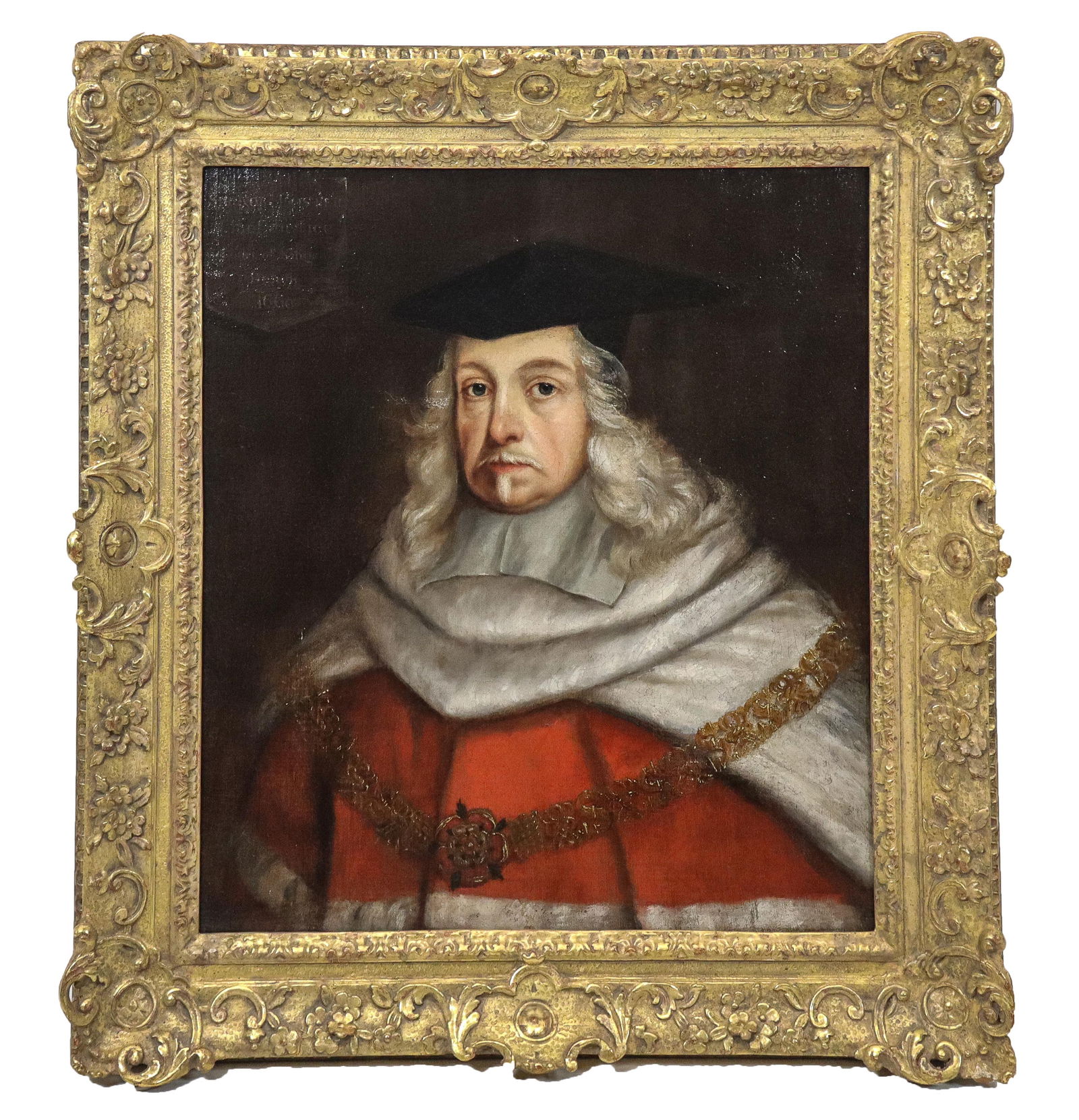 Old Master School Portrait Oil on Canvas: Old Master school portrait oil on canvas of Sir Robert Foster, Chief Justice. The gray haired man with a white fur trimmed red robe, with gold chain and brooch. Upper left corner reading "Sir Robert F
