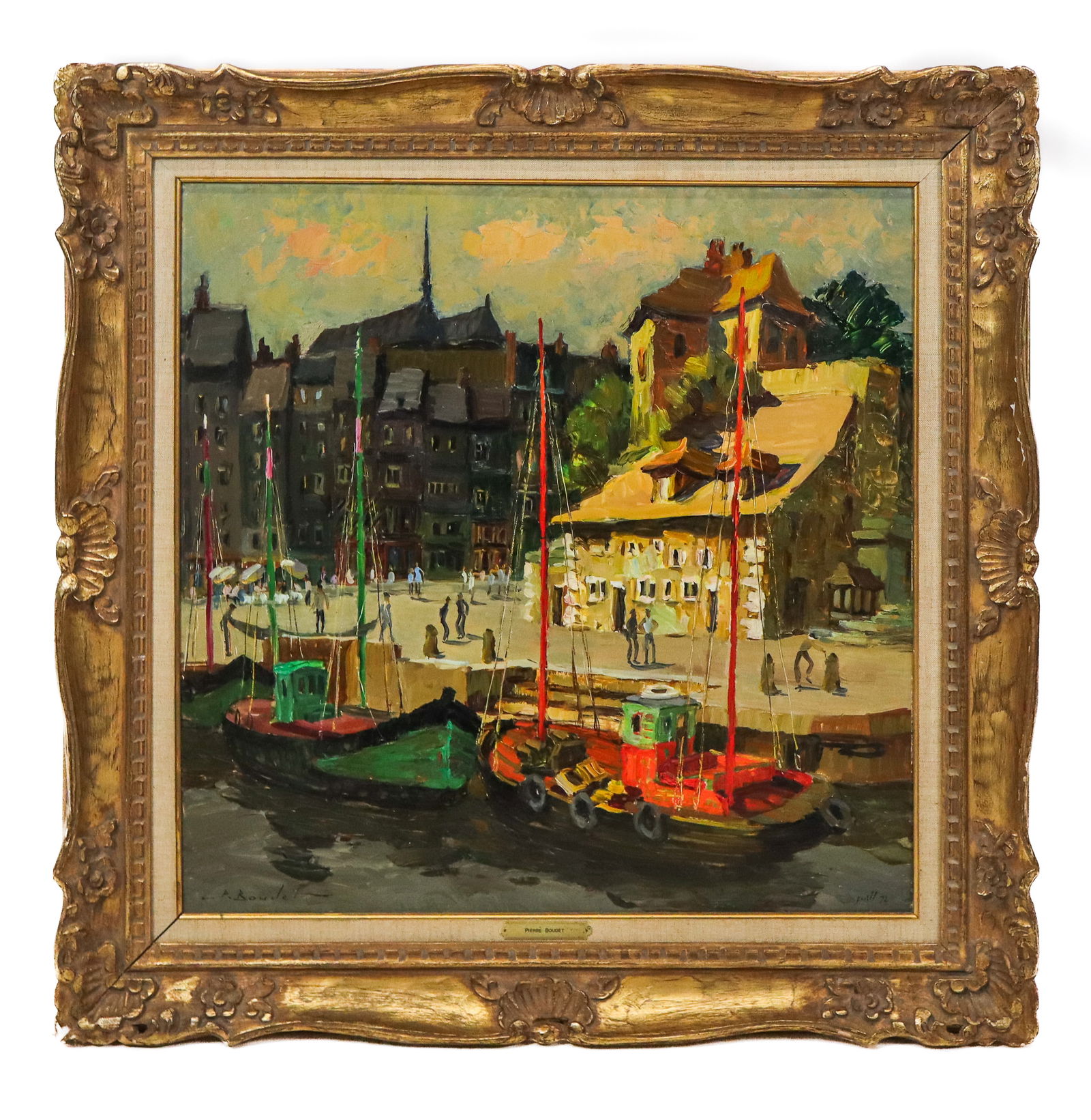 Pierre BOUDET Oil on Canvas: Pierre BOUDET (French 1925 - 2010), Oil on board of a dock scene at the edge of a village, with figures and boats. Signed lower left. Notations on back "Pierre BOUDET, La Lieutenance au quai de Repara