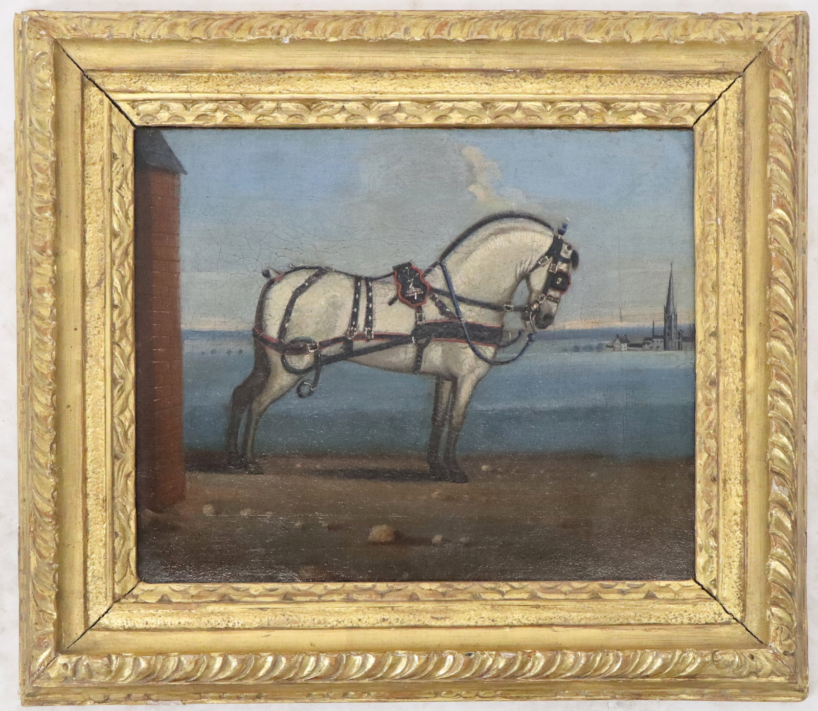 English School Oil on Canvas Equestrian Study: English school oil on canvas, a study of a horse with mounts, on a shore with a castle in the right distance. Unsigned. Ex auction Christies 6, December 1996, Lot 1. Late 19th century. [Art 10" x 12",