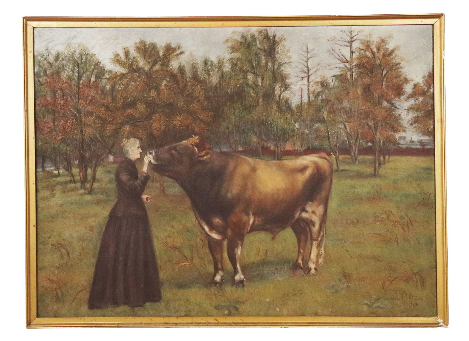 Peterson Signed Pastoral Oil on Canvas: Pastoral oil on canvas, 1909, American, with a woman and a cow, signed Johanne F.J. Petersen to lower right, with the date, in a gilt frame, with label affixed to verso "Miss Johanna Petersen, Barclay