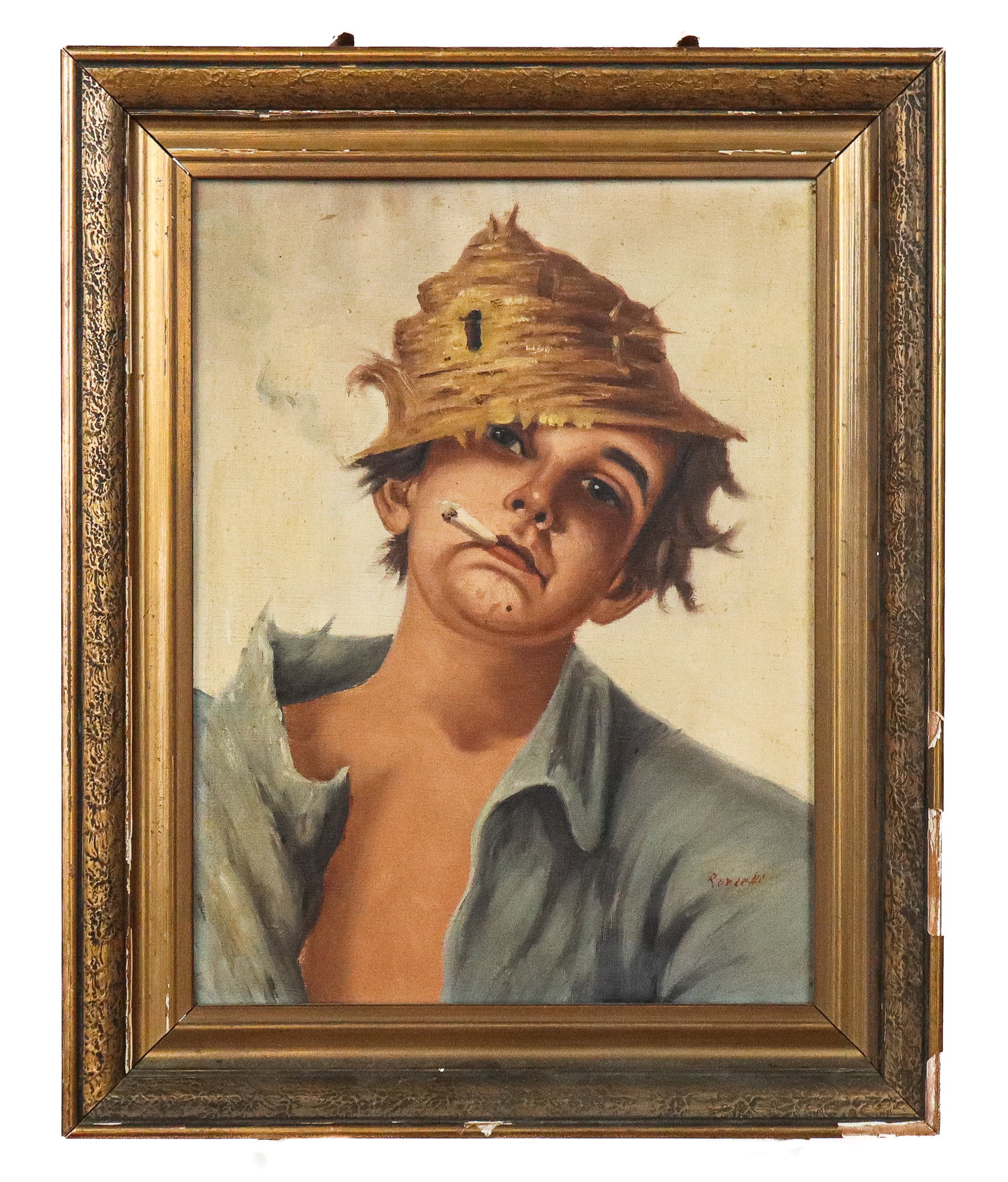 Oil on Canvas Genre Portrait, Roncetti: Oil on canvas genre portrait, 19th century, of a smoking figure in a straw hat, signed Roncetti to lower right, in a gilt frame. [Framed: 19.5" H x 16" W]. Condition is good with some fading to work a