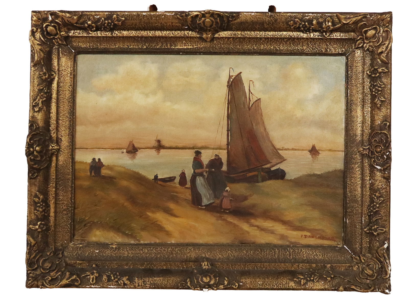 F. DANKMEIJER Signed Seascape Oil on Canvas: F. Dankmeijer signed oil on canvas seascape, Dutch, 19th century, with figures and boats, in a gilt composite frame, signed to lower right. [Framed: 19.5" H x 25" W]. Condition is good with fading and