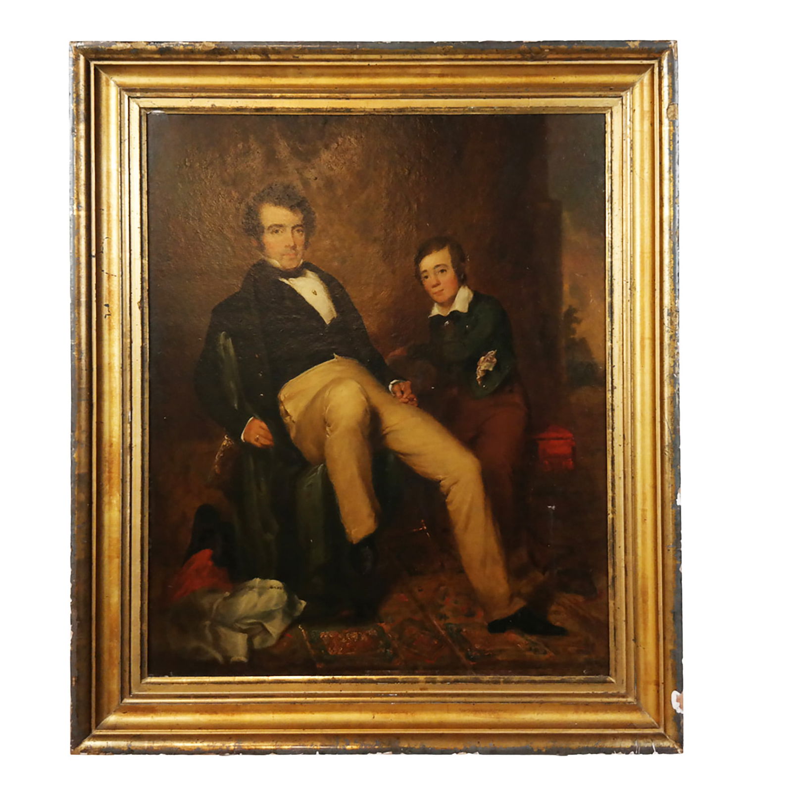 William WINNER Father & Son Portrait, Oil on Board: William E. Winner (American, 1815-1883) oil on board depicting an interior scene of Joseph E. Winner and his son Septimus Winner, 1837, gilt framed, bearing labels to verso for Christie's Sale 2064 an