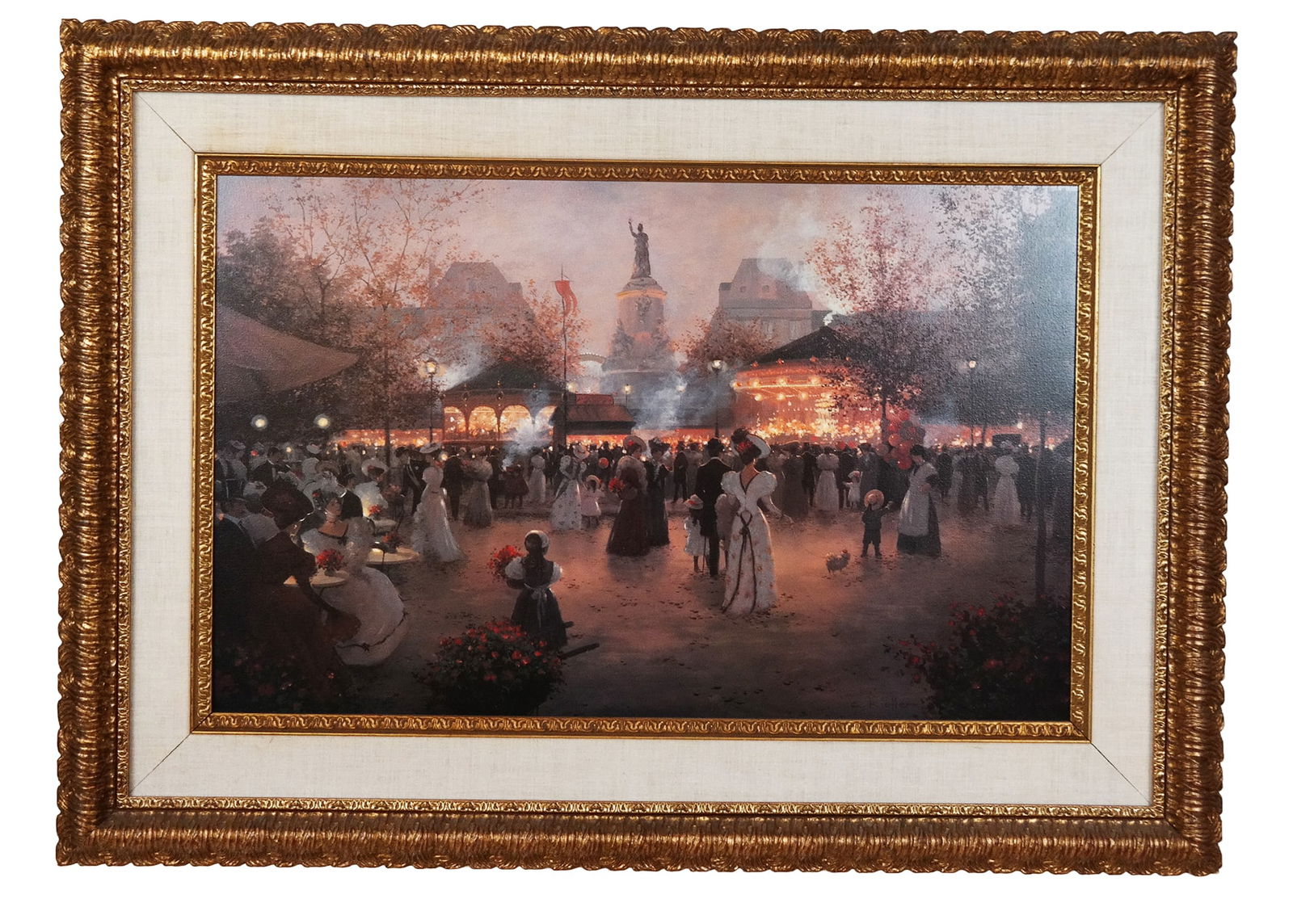 Christa KIEFFER "La Fete..." Print on Canvas: Christa Kieffer (German, b. 1940) "La Fete Place de la Republique, Pairs" print on canvas, signed C. Kieffer to lower right, with a Wilkes Gallery Label to lower frame and accompanied by a Certificate
