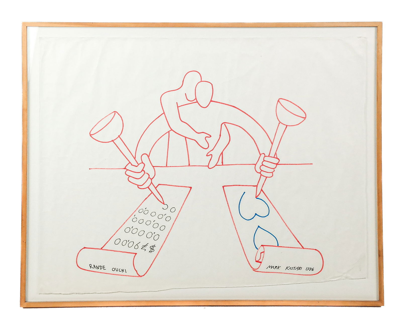 Mark KOSTABI Marker on Paper Figural Scene: Mark Kostabi (American, b. 1960) marker on paper untitled figural scene, 1986, marked Rande Ouchi and signed Mark Kostabi and dated to lower right, in a frame. [33.75" H x 42" W]. Condition is good wi