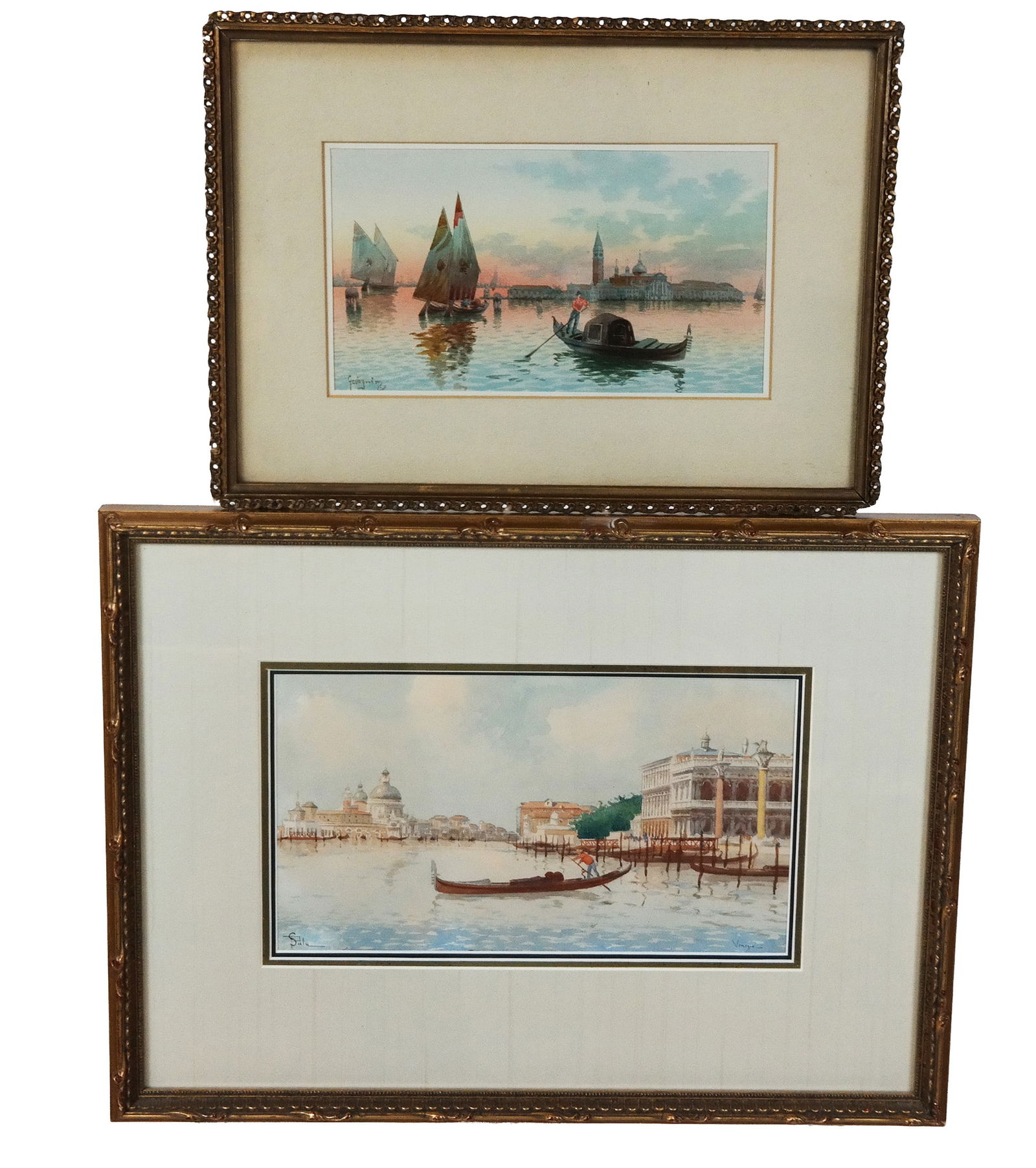 SALA & GAVAGNIN 2 Watercolor Venetian Canal Scenes: Group of two watercolors, early 20th century, comprising: Natale Gavagnin (Italian,1851-1923) Venetian canal scene with sailboats, gondola, and view of San Giorgio Maggiore church in the distance, sig