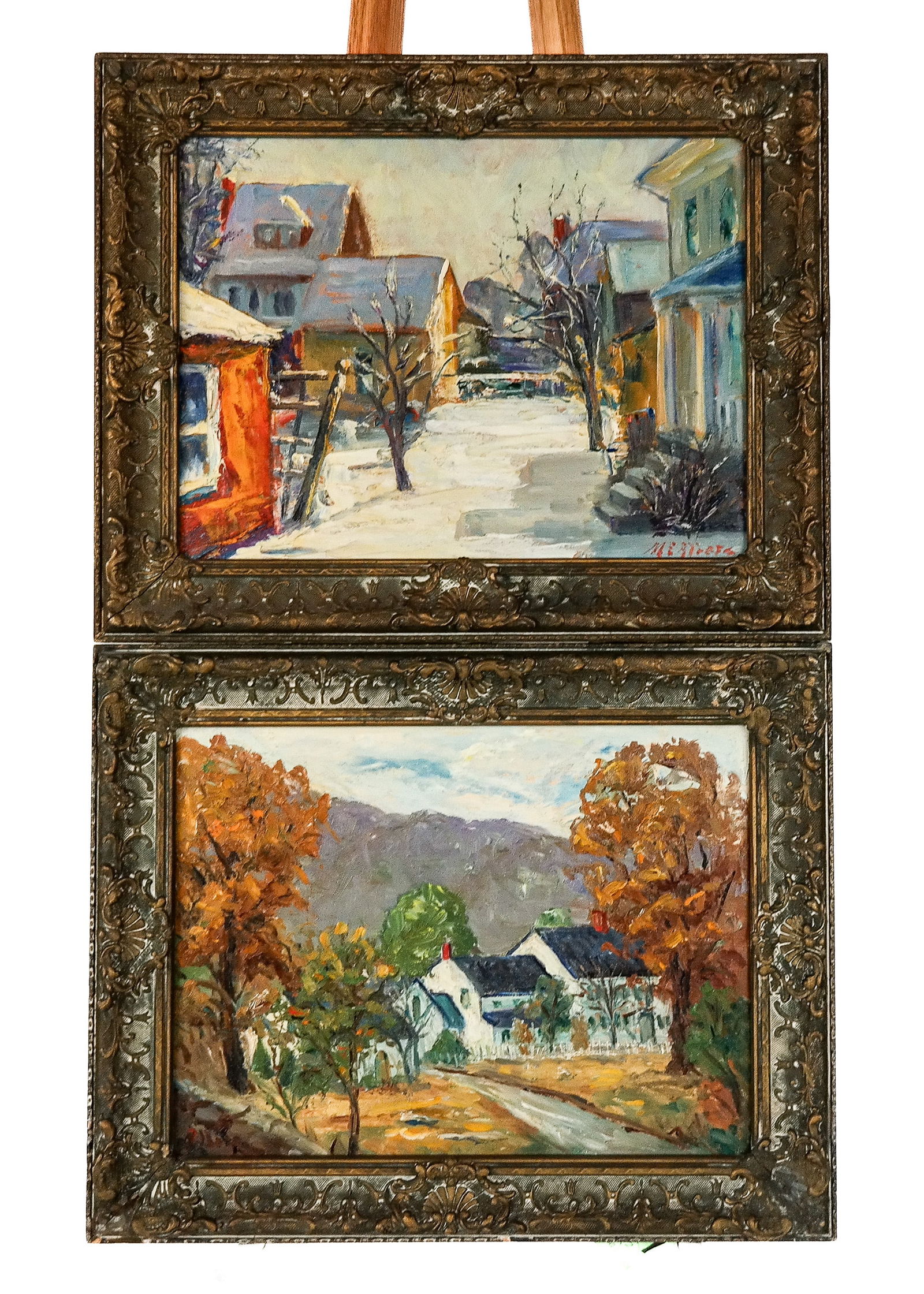 Margaretha ALBERS & 1 Other, 2 Landscape Paintings: Group of two oil on board landscapes, 20th century, comprising: Margaretha E. Albers (American, 1881-1977) oil on panel winter village scene, signed lower right "ME Albers"; together with an oil on bo