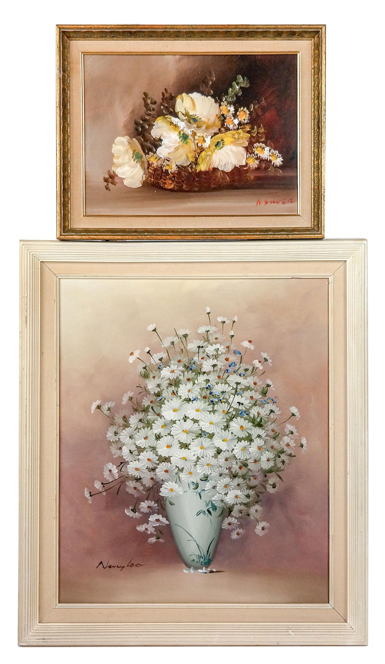Nancy LEE & Alice SILVER, 2 Floral Still Lifes: Group of two floral still lifes, 20th century, comprising: Nancy Lee (American, 20th Century) oil on canvas floral still life of daisies in a white vase, signed lower left, in white painted frame; tog