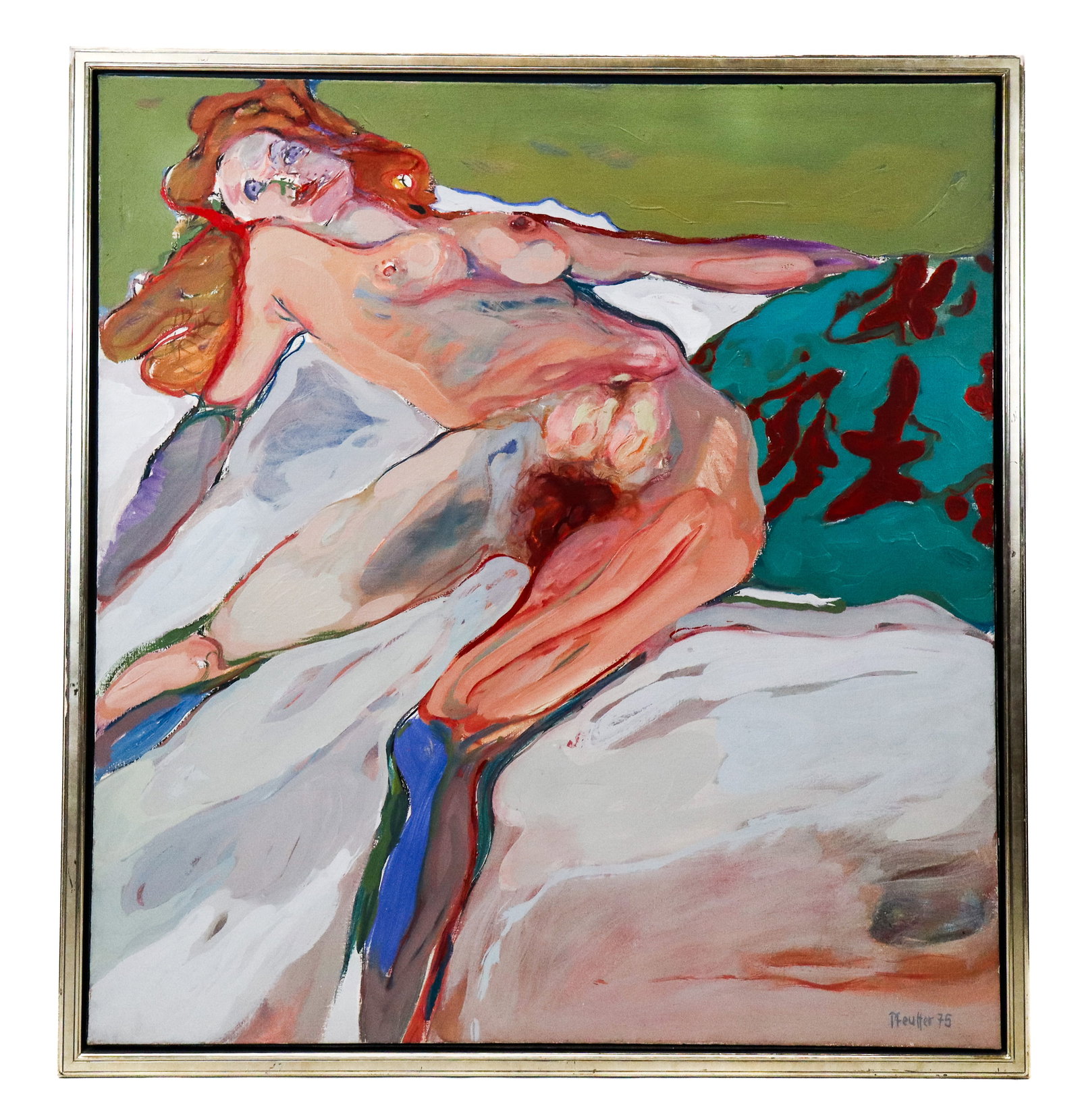 Helmut PFEUFFER (German b. 1933) Oil on Canvas: Helmut Pfeuffer(German b. 1933) oil on Canvas, study of a reclining female nude on bed, signed lower right, dated '75. [Art: 59" H x 55" W, Frame: 63" H x 59" W]. Art in good condition, frame has a fe