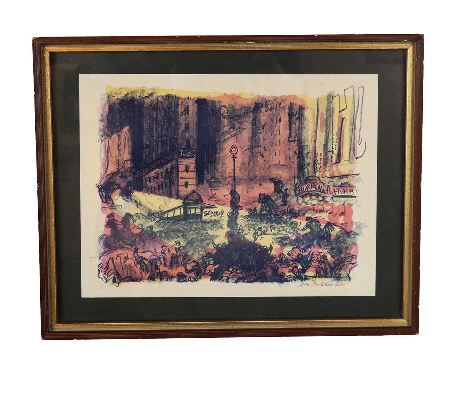 Don FREEMAN Broadway Scene, Color Lithograph: Don Freeman (American, 1908-1978) color lithograph depicting a New York city street scene on Broadway, pencil signed to margin lower right, framed. [Sheet: 9" H x 11.5" W; Frame: 12" H x 15" W]. Tonin