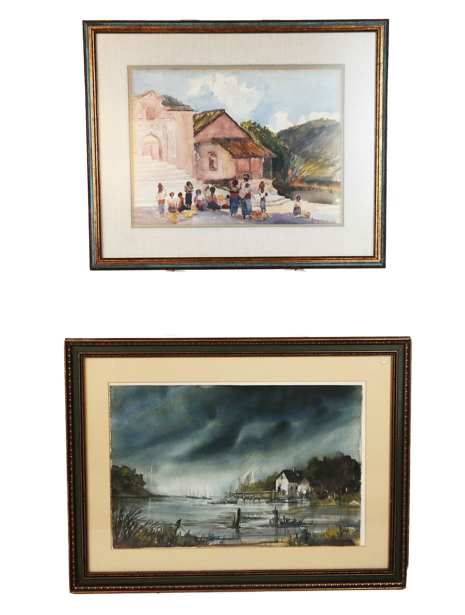 Alice JUDSON & 1 Other, 2 Watercolors: Alice Judson (American, 1876-1948) watercolor depicting a figural village scene with mountain in the distance, signed lower right "Alice Judson"; together with a watercolor harbor scene with sailboats
