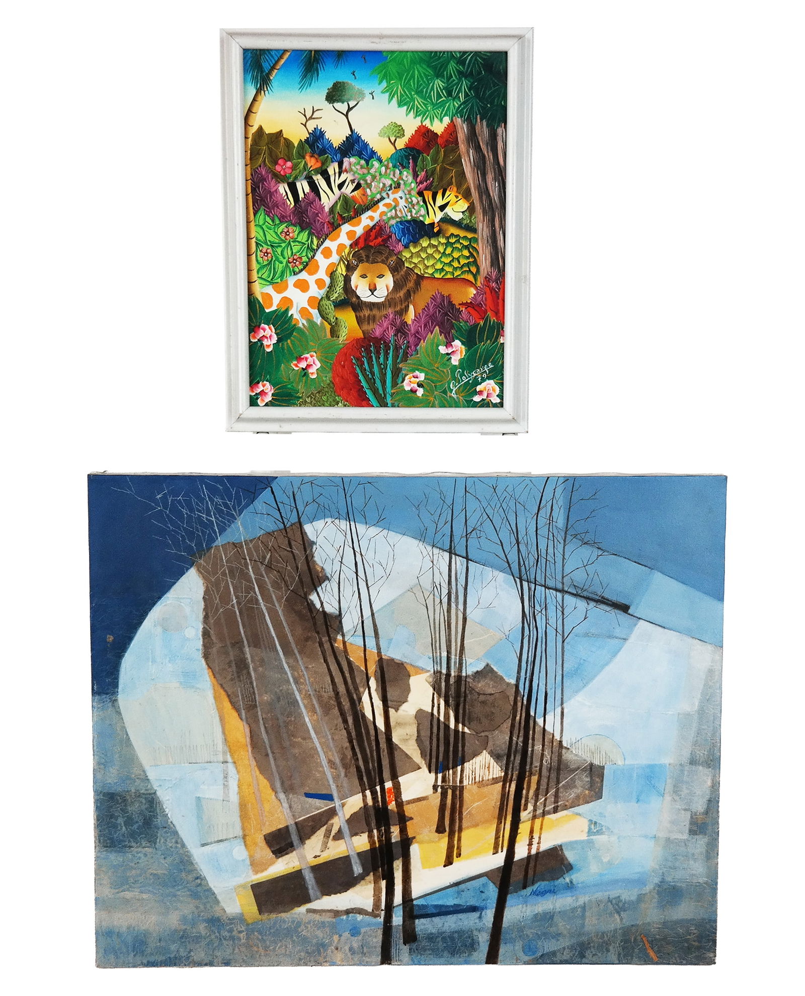 Jerome POLYCARPE & 1 Other, 2 Works on Canvas: Jerome Polycarpe (Haitian, b. 1950) framed acrylic on canvas folk art landscape with animals, signed and dated lower right "J. Polycarpe," 1979; together with an unframed mixed media on canvas depicti