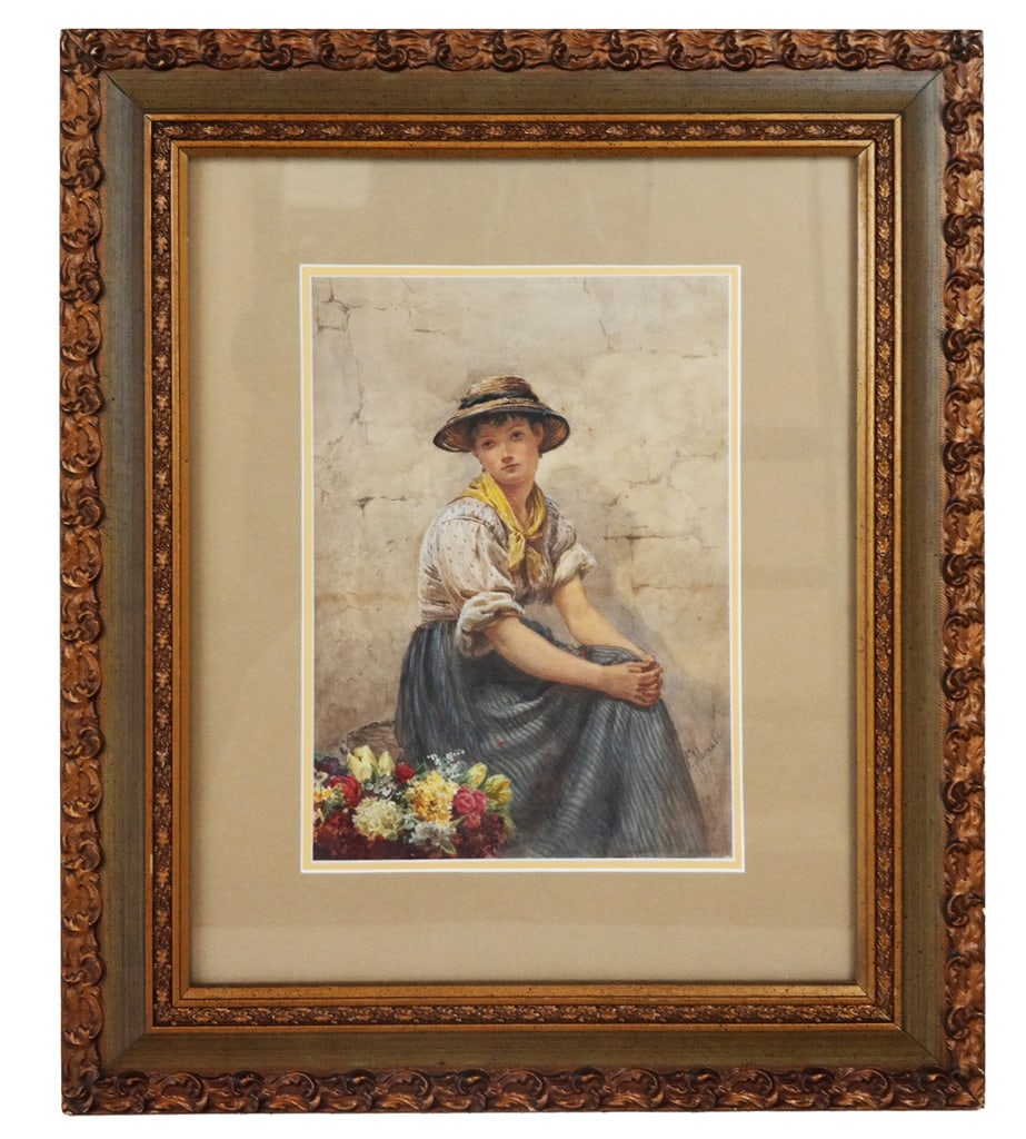 Frederick SLOCOMBE "The Flower Seller" Watercolor: Frederick Alfred Slocombe (British, 1847-1920) figural watercolor titled "The Flower Seller," signed and dated lower right "F. Slocombe," 1879, framed and matted. [Sight: 13.5" H x 9.75" W; Frame: 25.