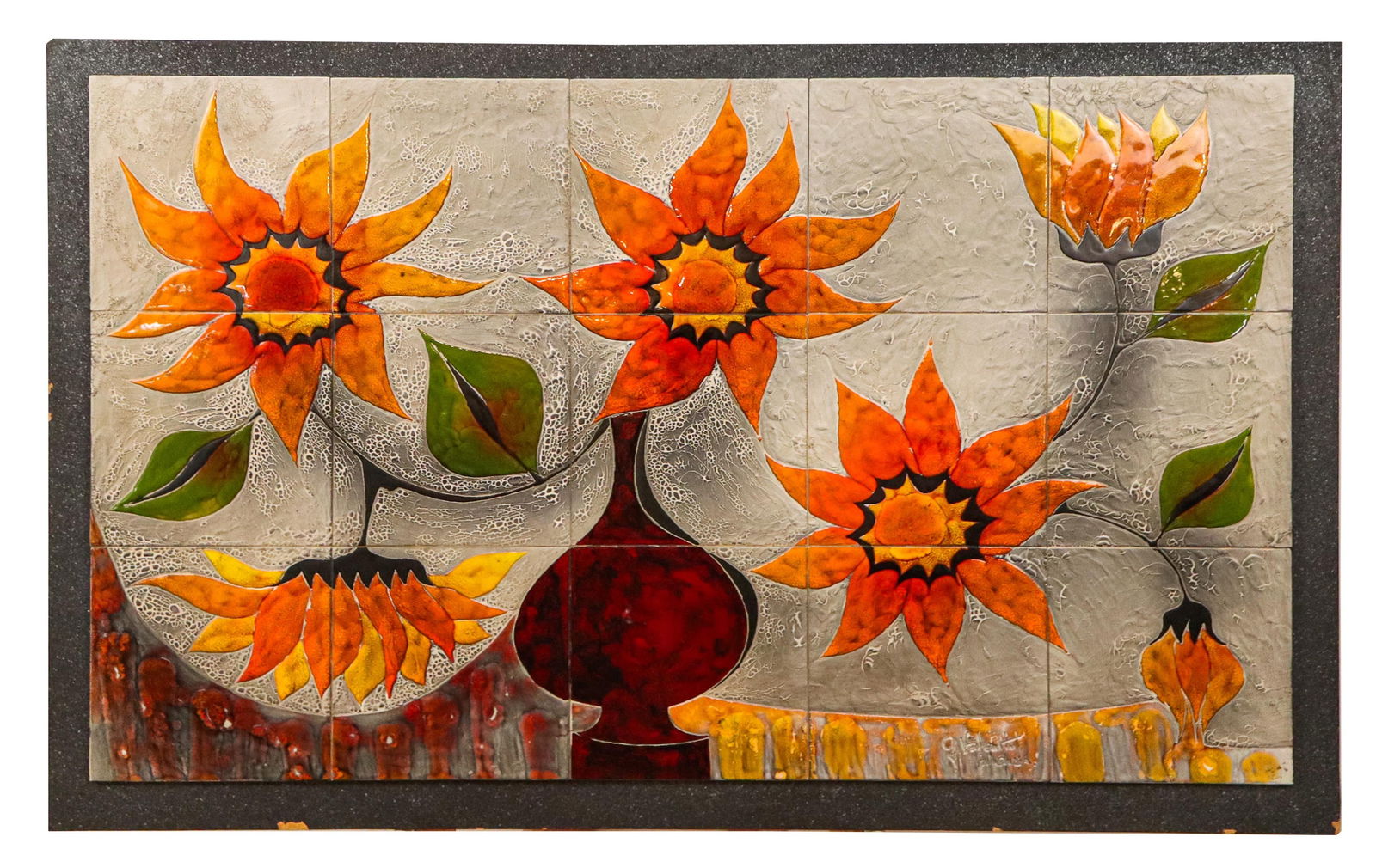 Gilbert VALENTIN Enameled Tile Floral Still Life: Gilbert Valentin (France, 1928-2000) 5x3 enameled tile work with flowers, mounted on plywood, signed G. Valentin, Vallauris to front lower center, and to verso with Galerie, Les Archanges, Vallauris.