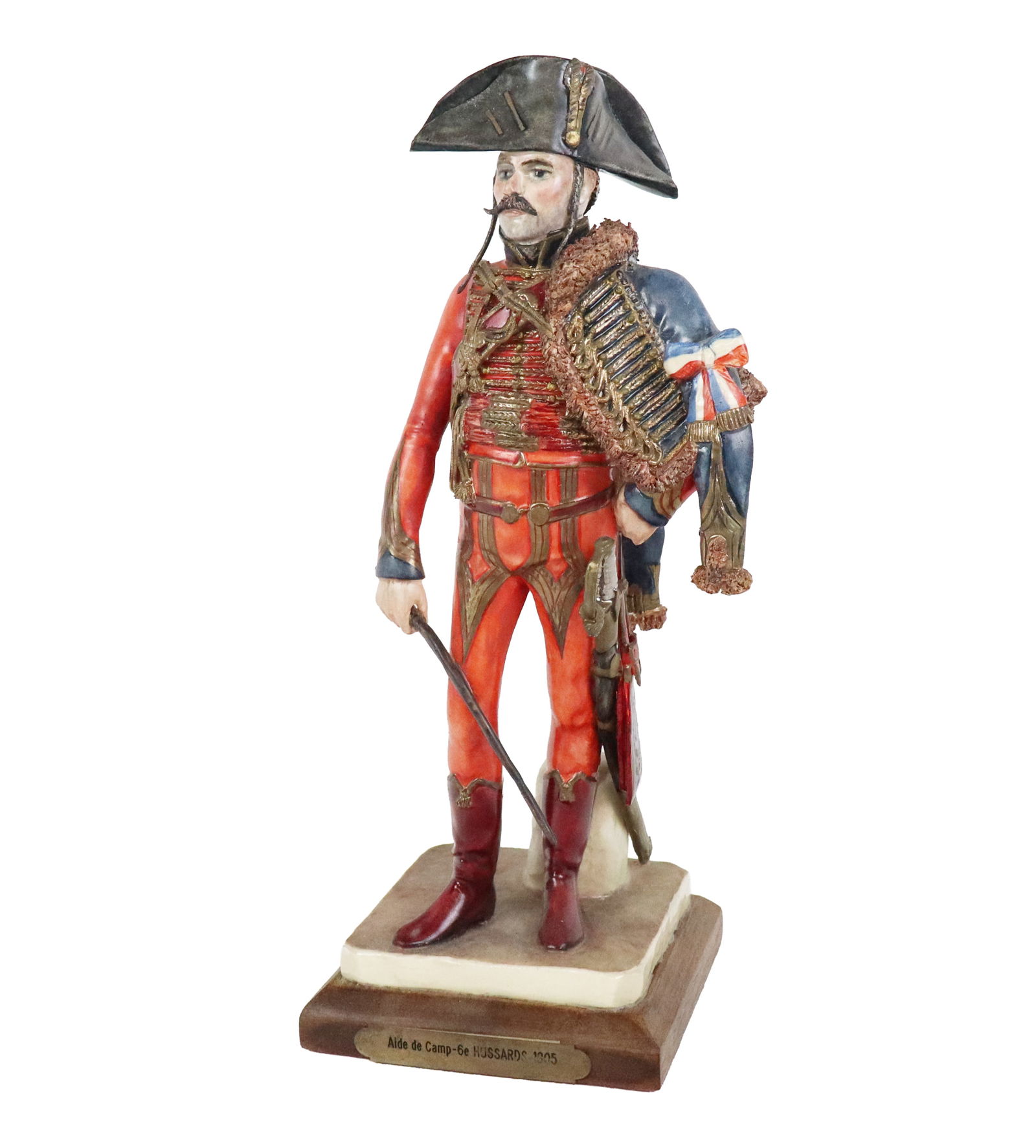 Bernard BELLUC Porcelain Aide de Camp: Bernard Belluc (French, b. 1949) porcelain figure of an Aide de Camp from the 6th Hussards, on an affixed wood base with plaque, signed Belluc to reverse. [10.5" H x 4" Square]. Condition is good with
