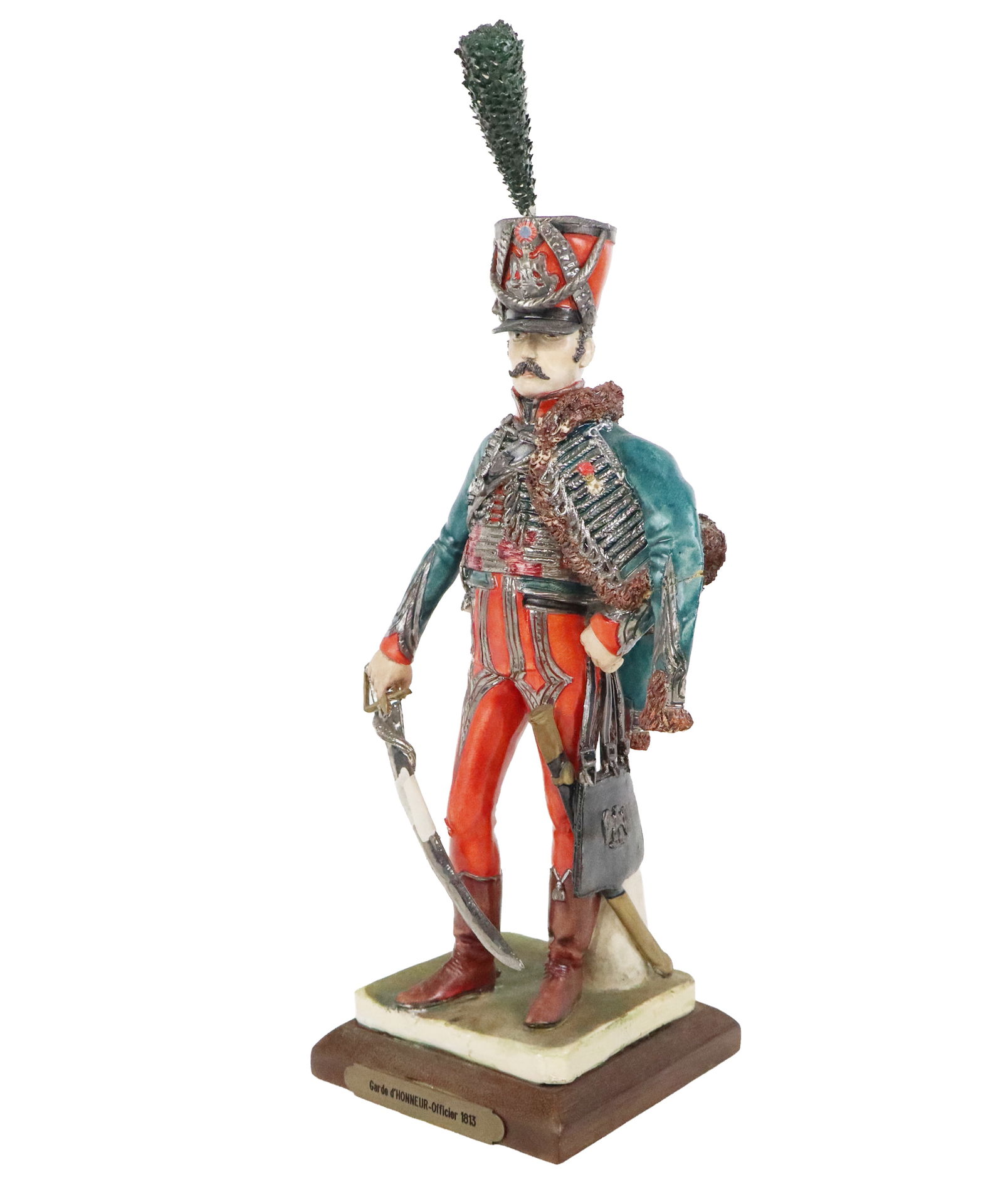 Bernard BELLUC Porcelain Garde d'Honneur: Bernard Belluc (French, b. 1949) porcelain figure of a Garde d'Honneur-Officier in 1813 uniform, on an affixed wood base with plaque, signed Belluc to reverse. [12.5" H x 5.25" W x 4" D]. Condition is