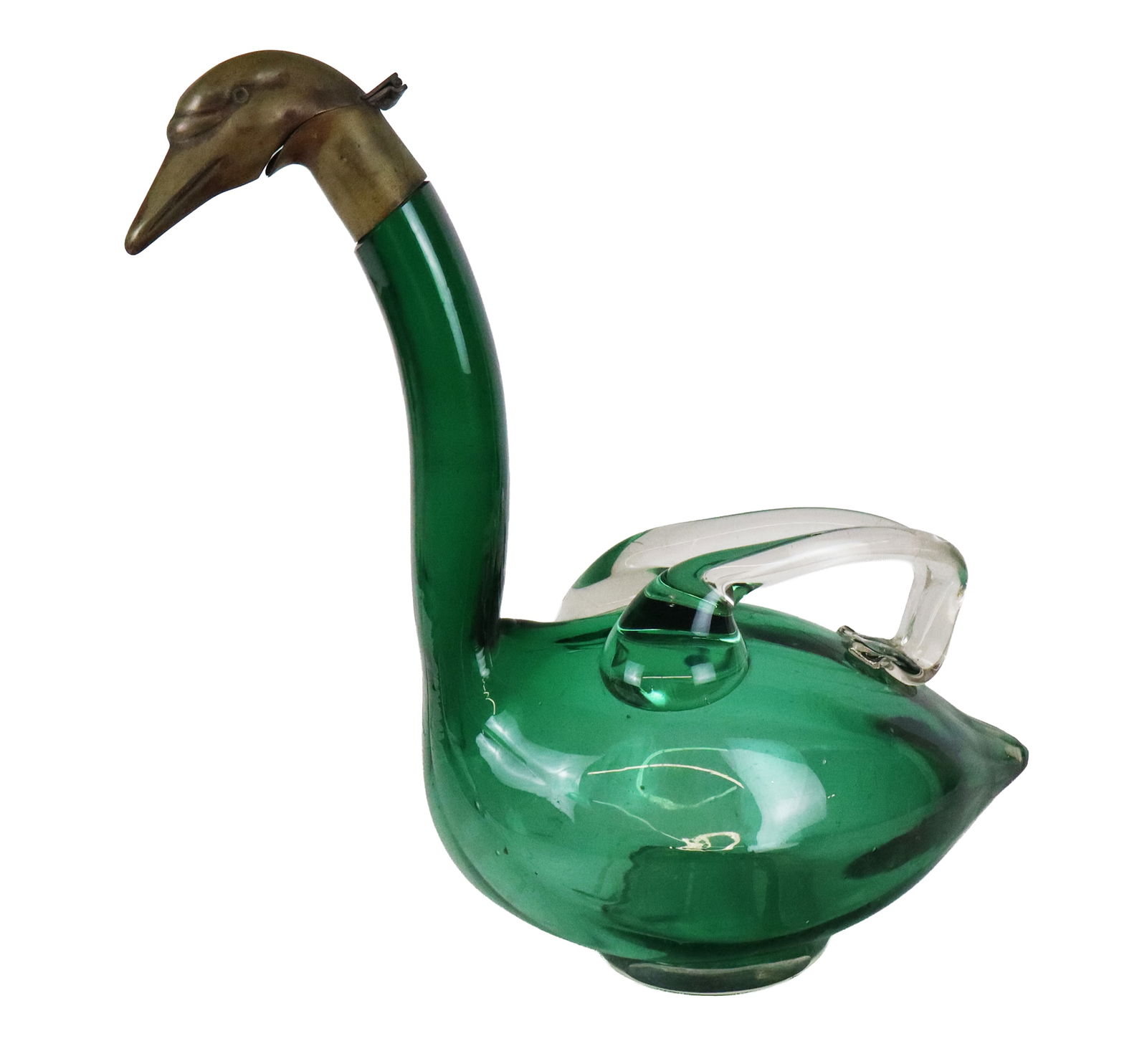Austrian Brass & Art Glass Swan Claret Decanter: Austrian brass and green art glass swan form claret decanter, circa 1900, marked Austria to head at interior. [11.25" H x 10.25" W x 6.5" D]. Condition is good with some losses to glass at interior li
