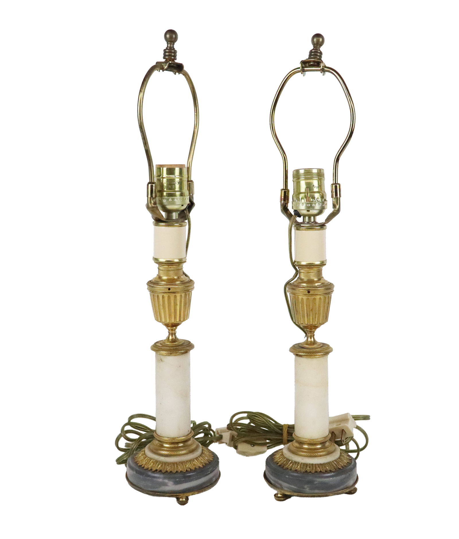 French Empire Bronze Dore and Marble Lamps: French Empire bronze dore and marble lamps, 20th century, with white marble to upper and grey marble at base, on feet. [To socket: 13" H x 4" Diameter]. Condition is good with some surface wear and va