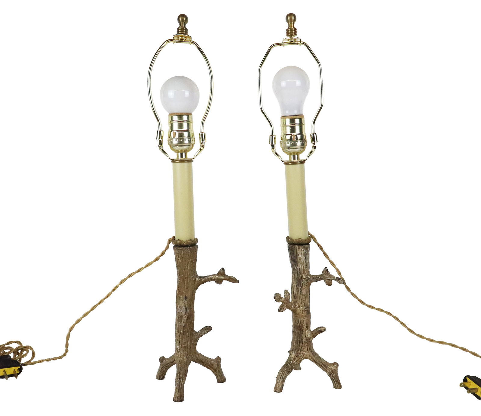 Pair of Faux Bois Silver Tone Lamps: Pair of faux bois silver painted lamps, 21st century, unmarked. [To socket: 11.5" H x 3.75" Diameter]. Condition to each is good, one slightly loose; wiring untested.