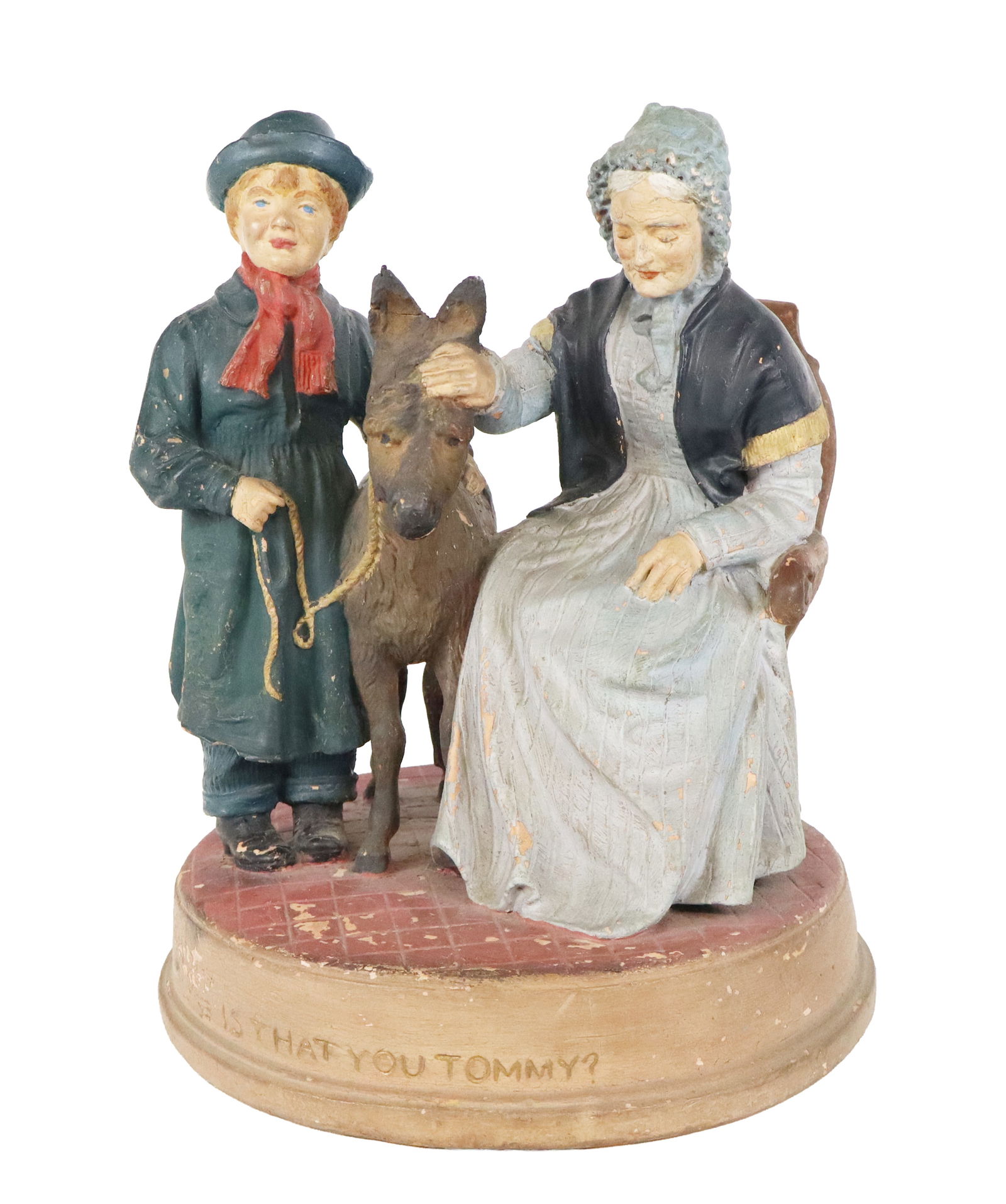 Hennecke's Florentine Statuary Figural Group: Hennecke's Florentine Statuary "Is That You Tommy?" figural group, United States, 19th century, with markes to base and titled to lower. [12" H x 9" Diameter]. Condition is good with some surface loss